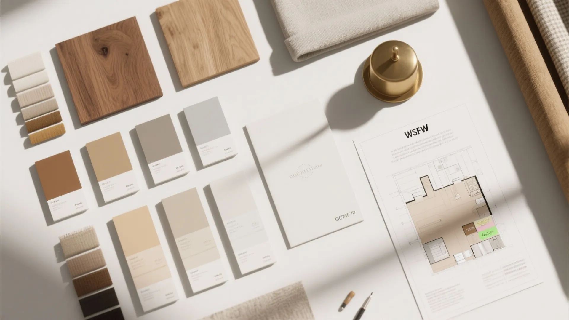 Interior design mood board with wood samples color swatches fabric pieces and a floor plan drawing
