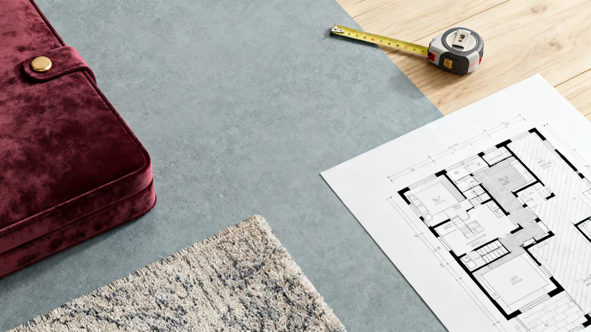 Moodboard flatlay with grey and burgundy fabric swatches, brass sample, and floorplan.