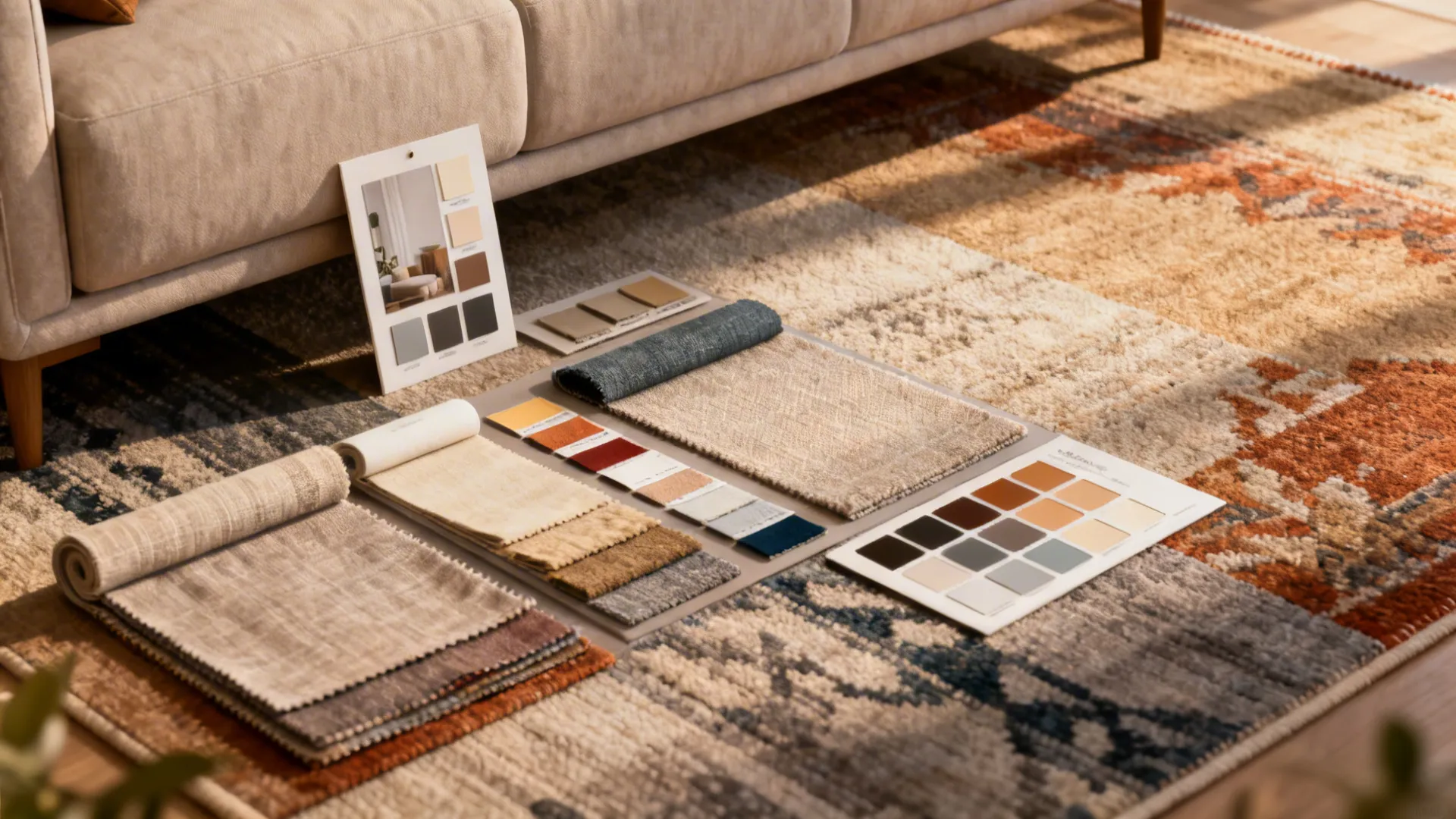 Fabric and rug swatches with paint chips and a mood board for coordinating furniture with paint choices.