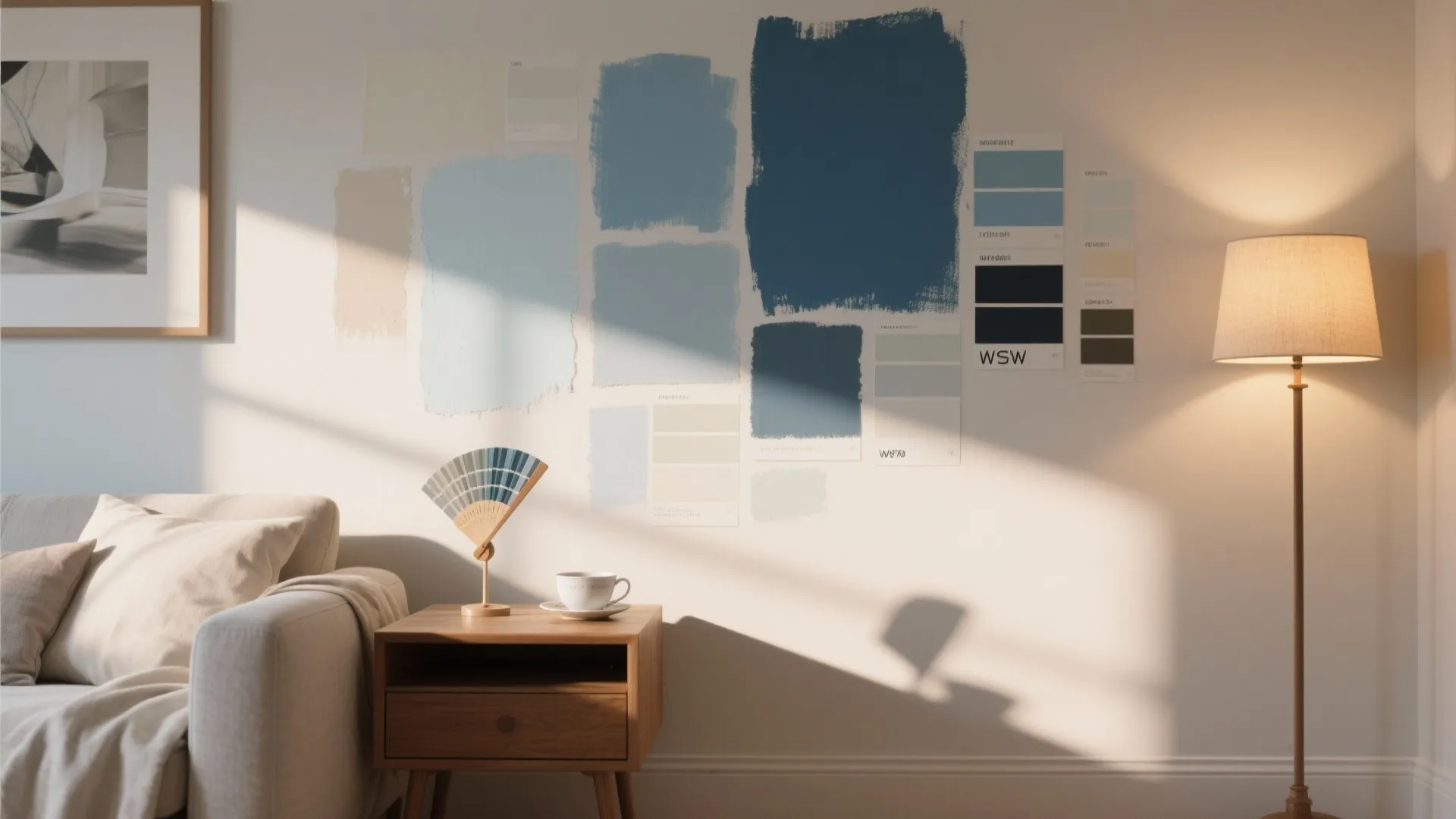 Blue paint samples on a wall next to a sofa floor lamp and side table