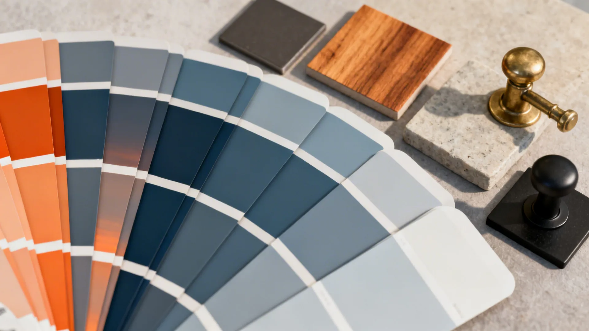 Paint swatches of blue-gray and muted orange alongside wood, stone, and hardware samples