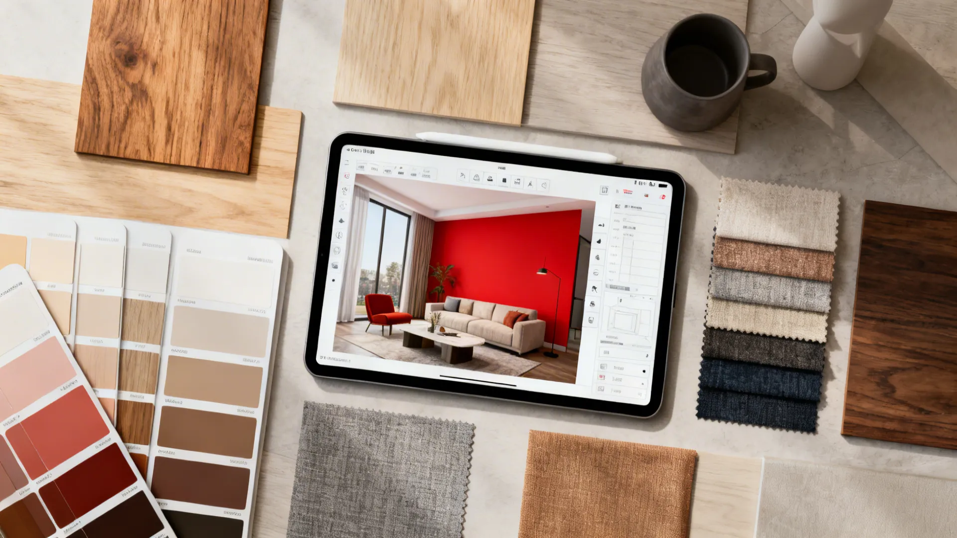 Top-down flatlay of paint swatches, wood and fabric samples and a room planner on tablet