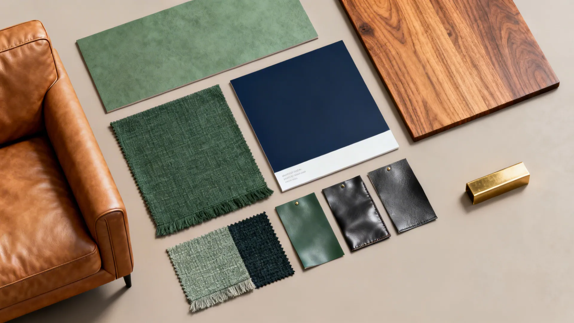 Interior design mood board with green fabric swatches blue card wood board and tan leather sofa