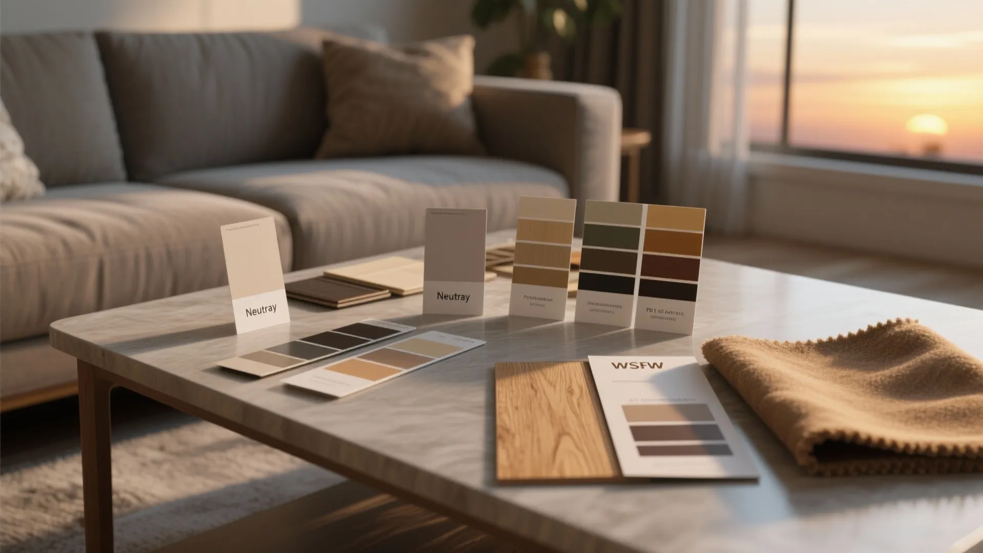 Paint and camel textile swatches on a table showing how gray shifts in different light.