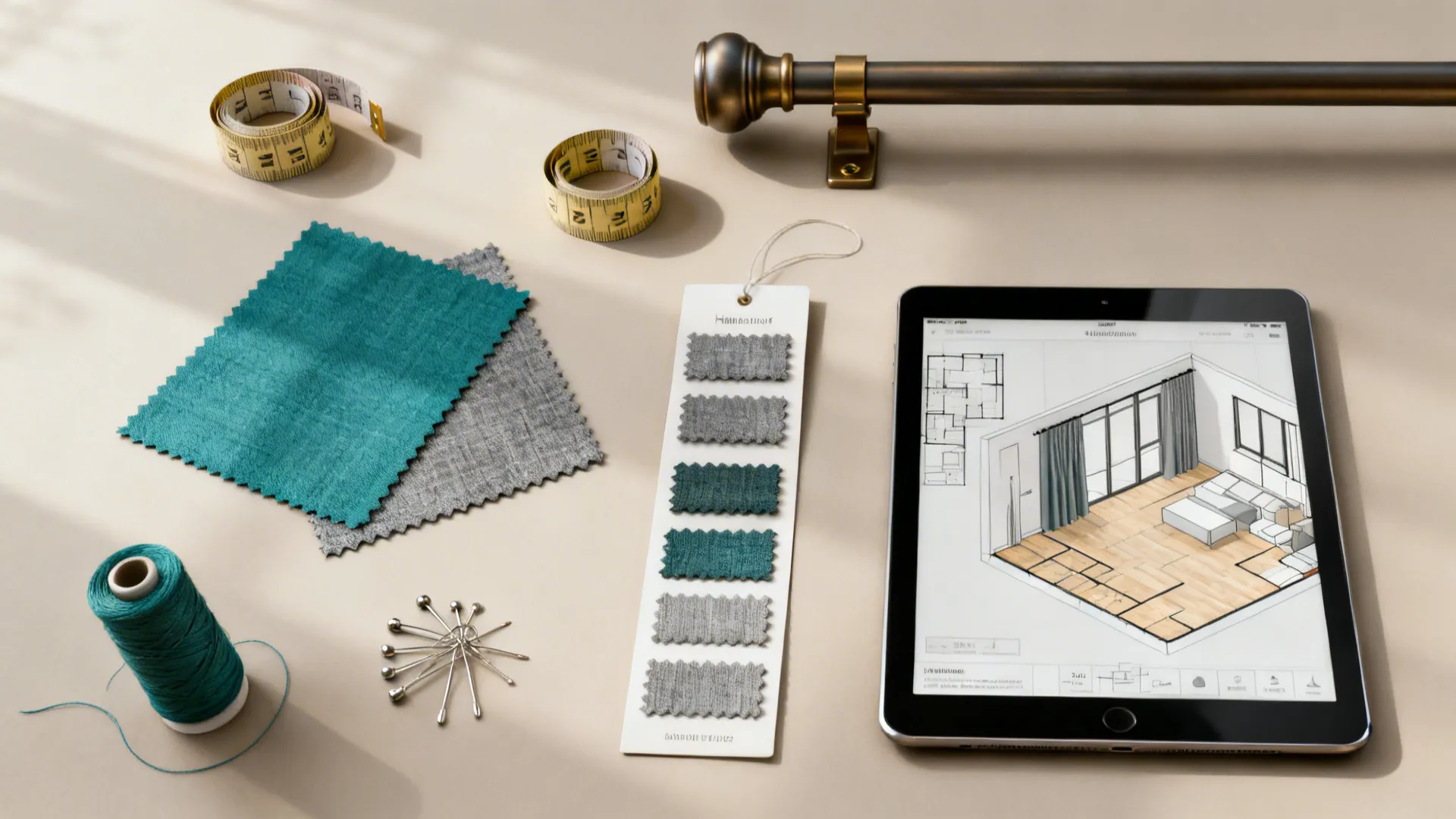 Flatlay of teal and gray fabric swatches, measuring tape and curtain hardware for planning.