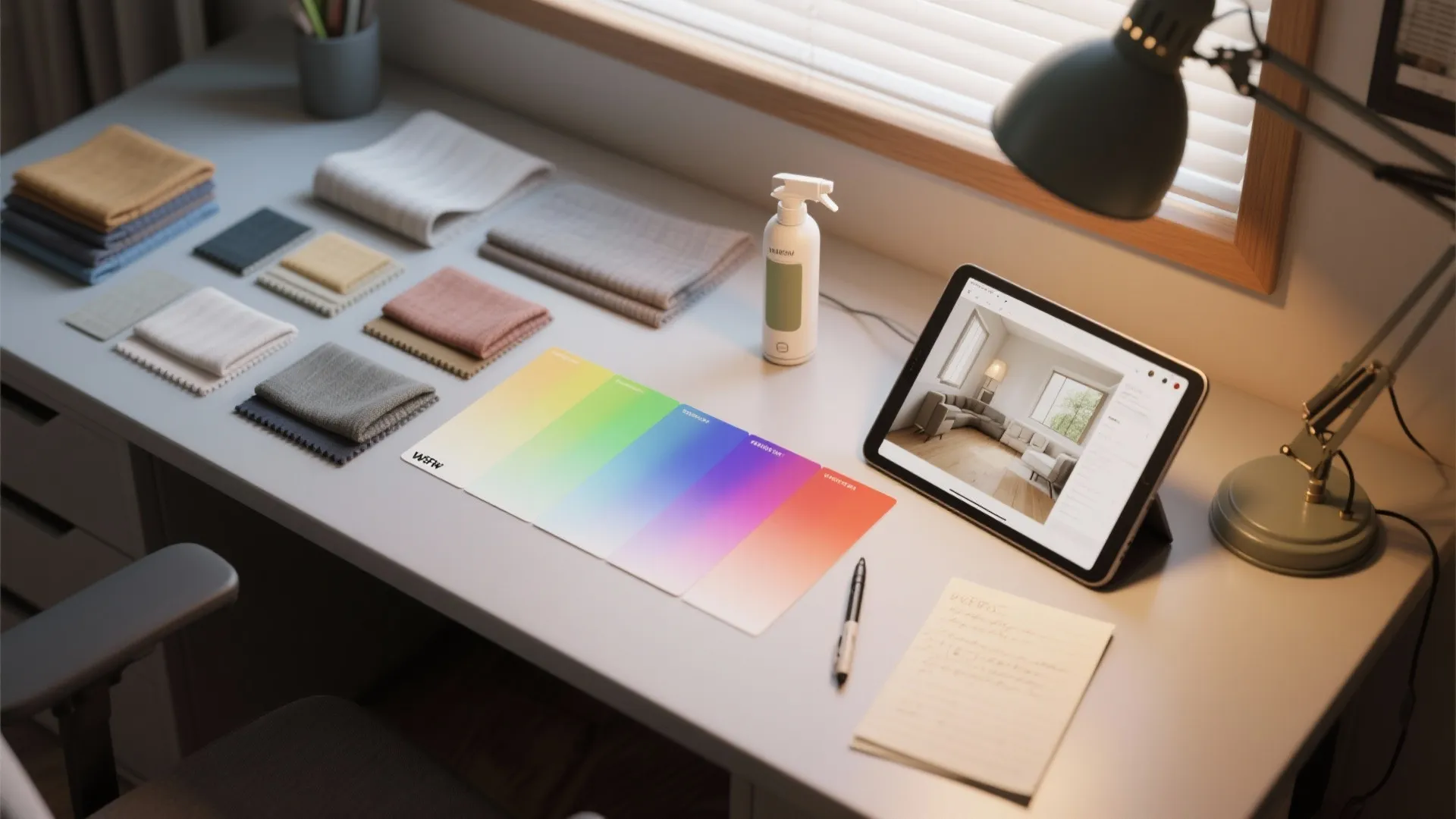 Top-down view of spray-sample panels, fabric swatches, and a tablet showing color-matching checks under a lamp.