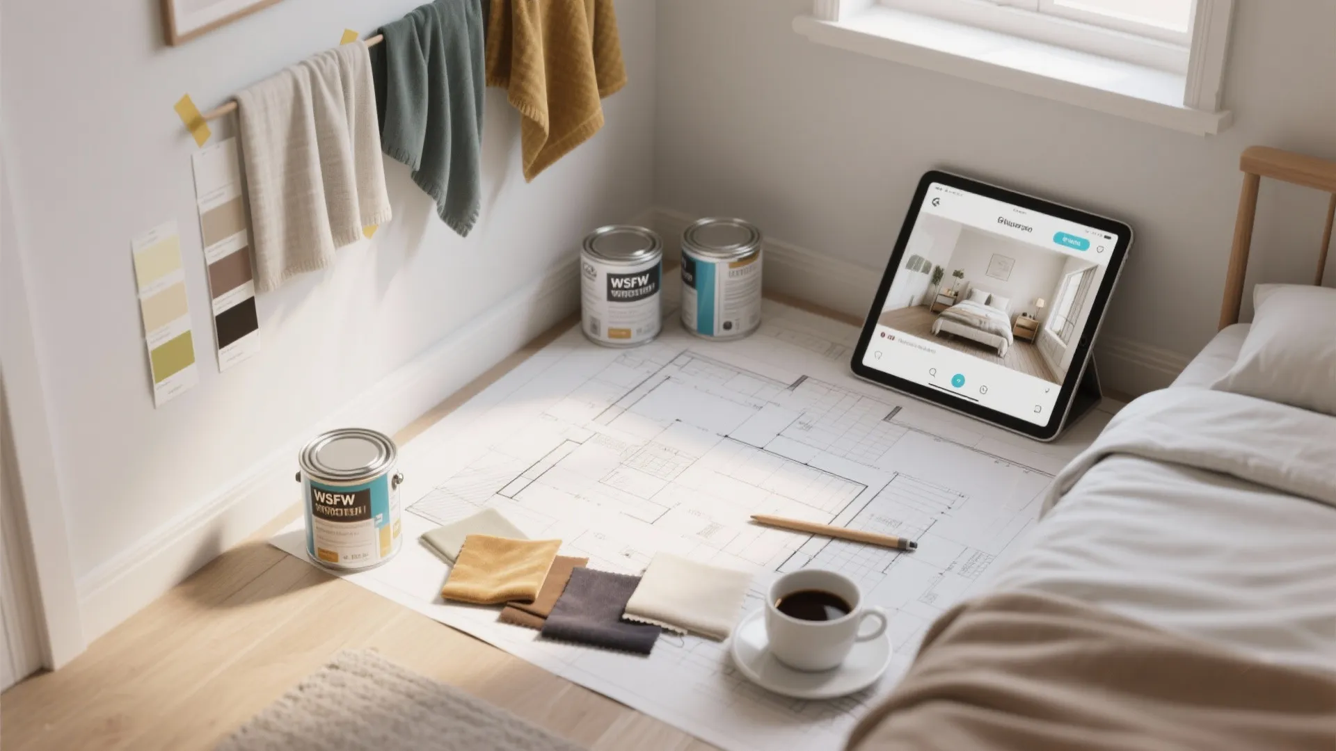 Interior design workspace with floor plan, paint cans, fabric swatches, tablet, and a coffee cup