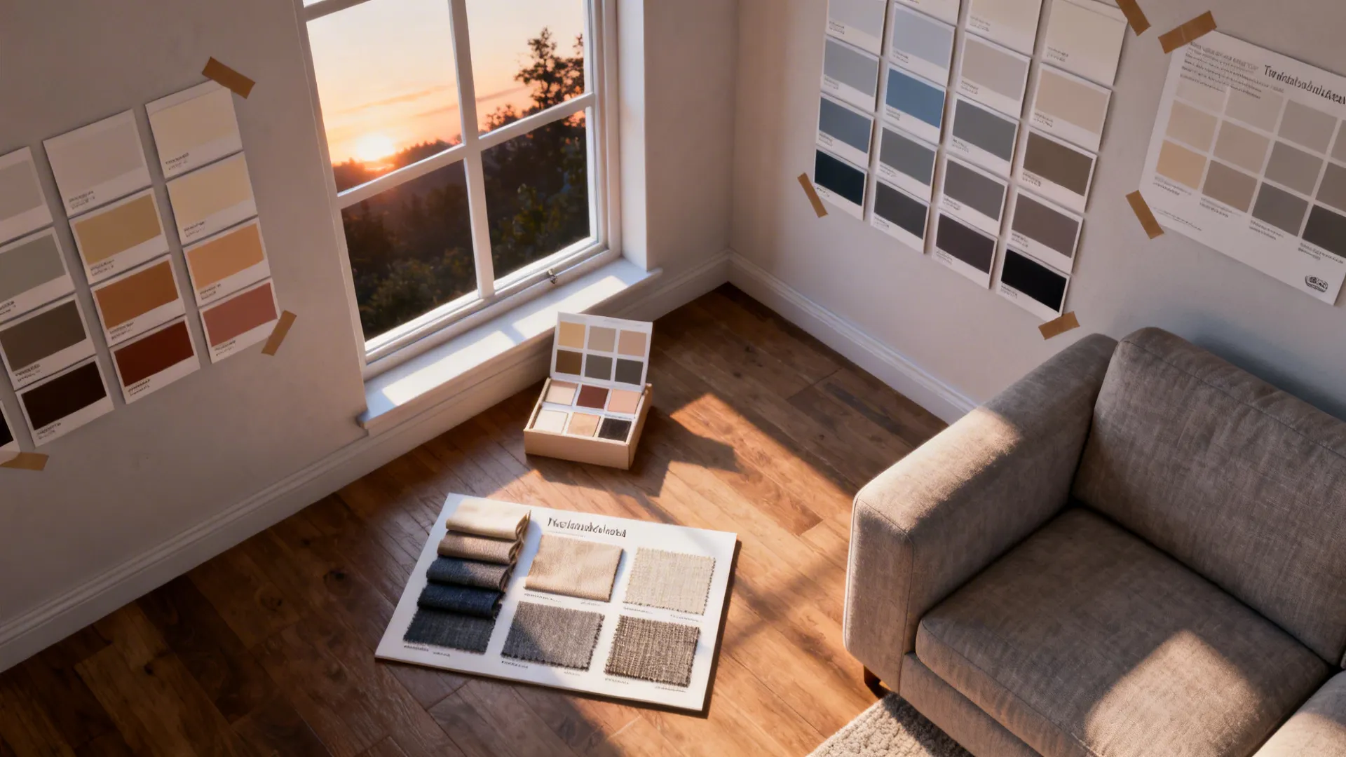 Interior design mood board with color paint swatches and fabric samples on a wooden floor