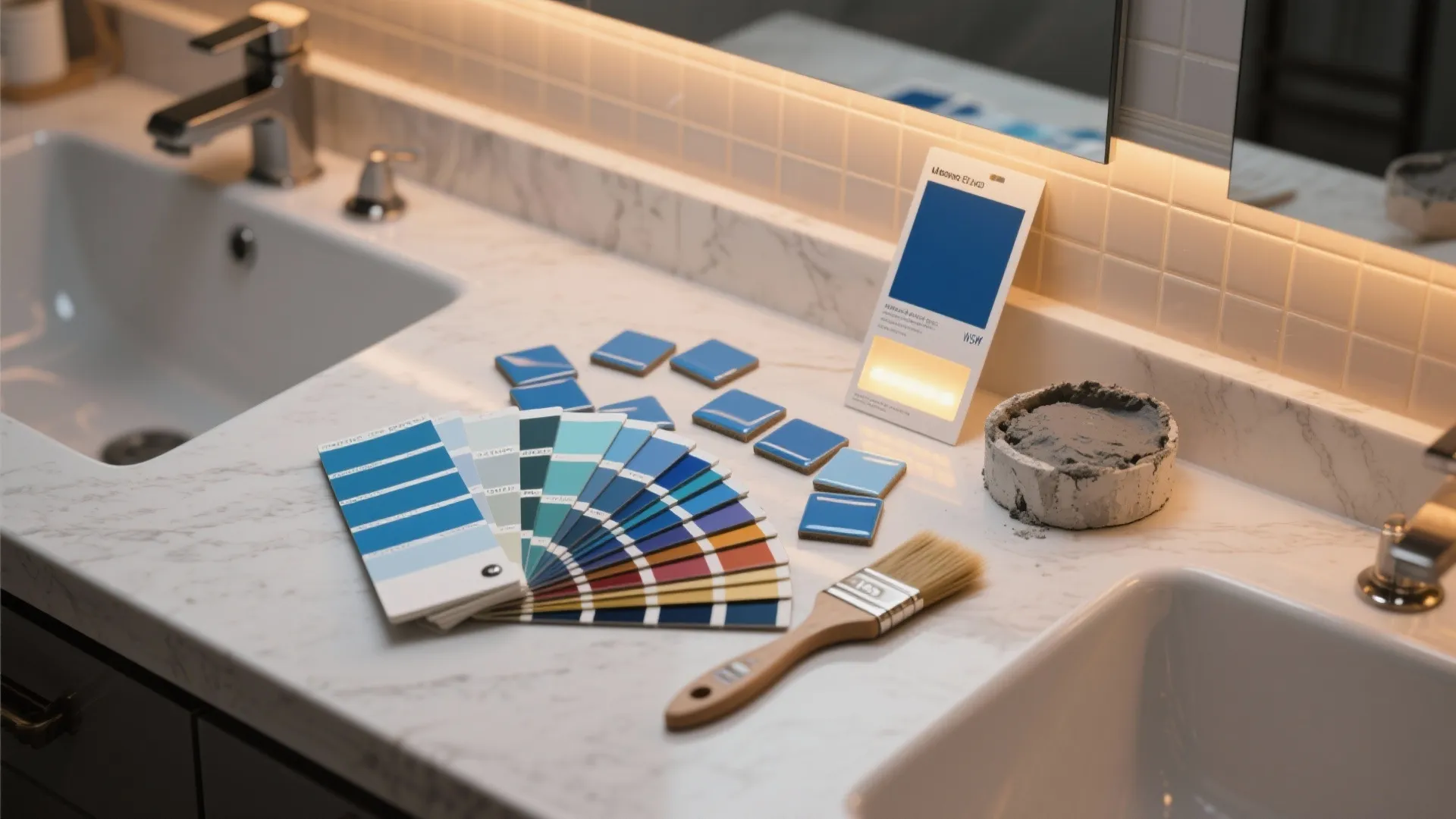 Paint swatches and blue tile samples on a countertop with lighting sample card