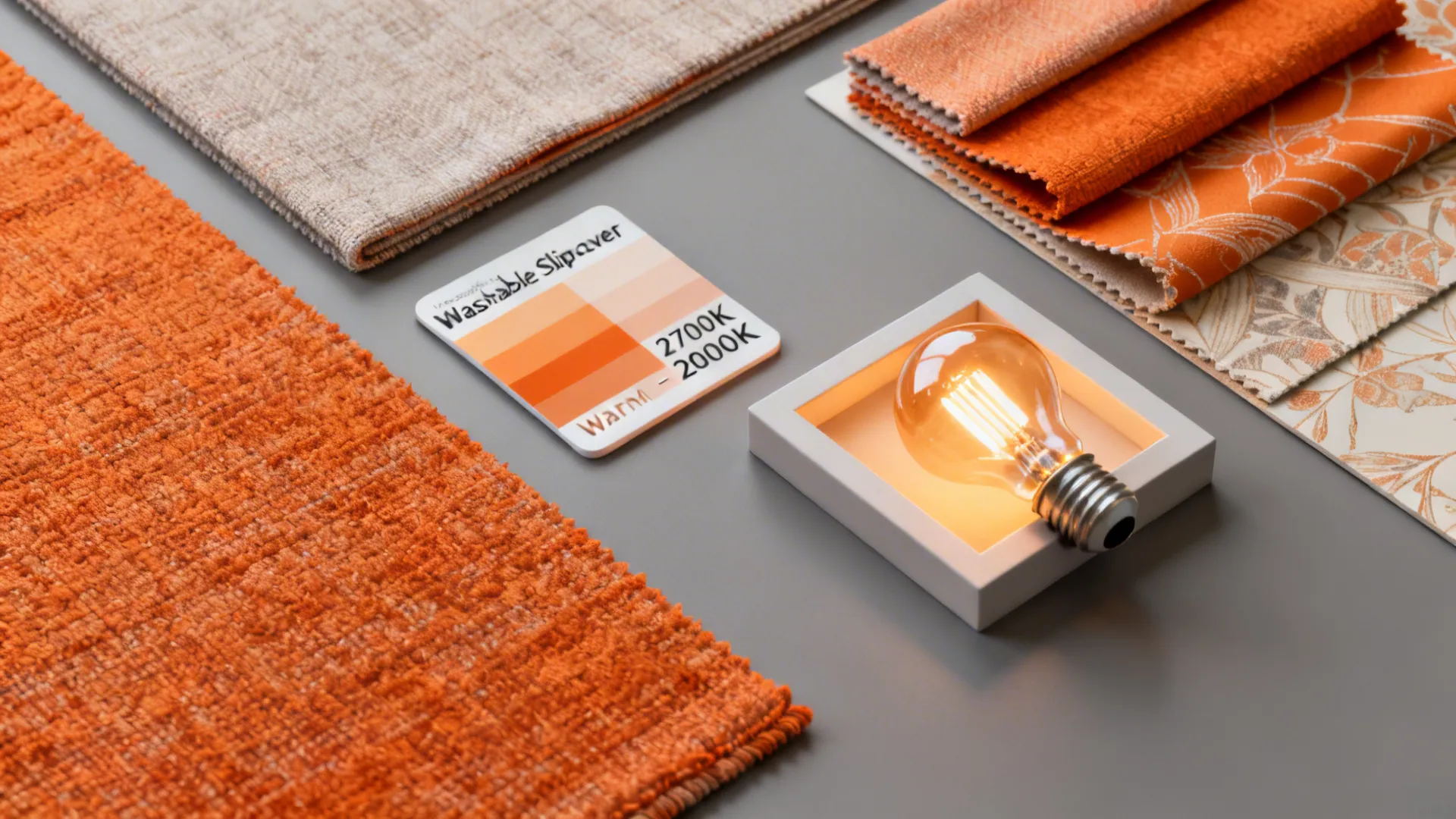 Fabric and peel-and-stick wallpaper swatches in warm gray and orange with a warm light sample.