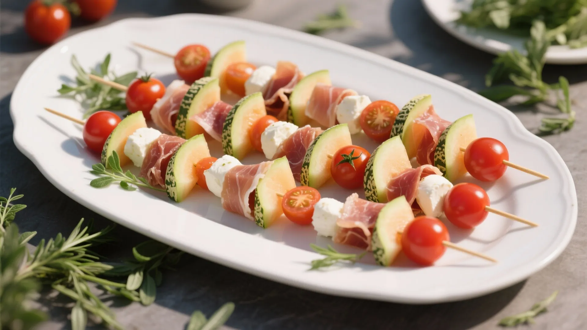 White platter holding food skewers with red tomatoes, white cheese, ham, and green melon slices