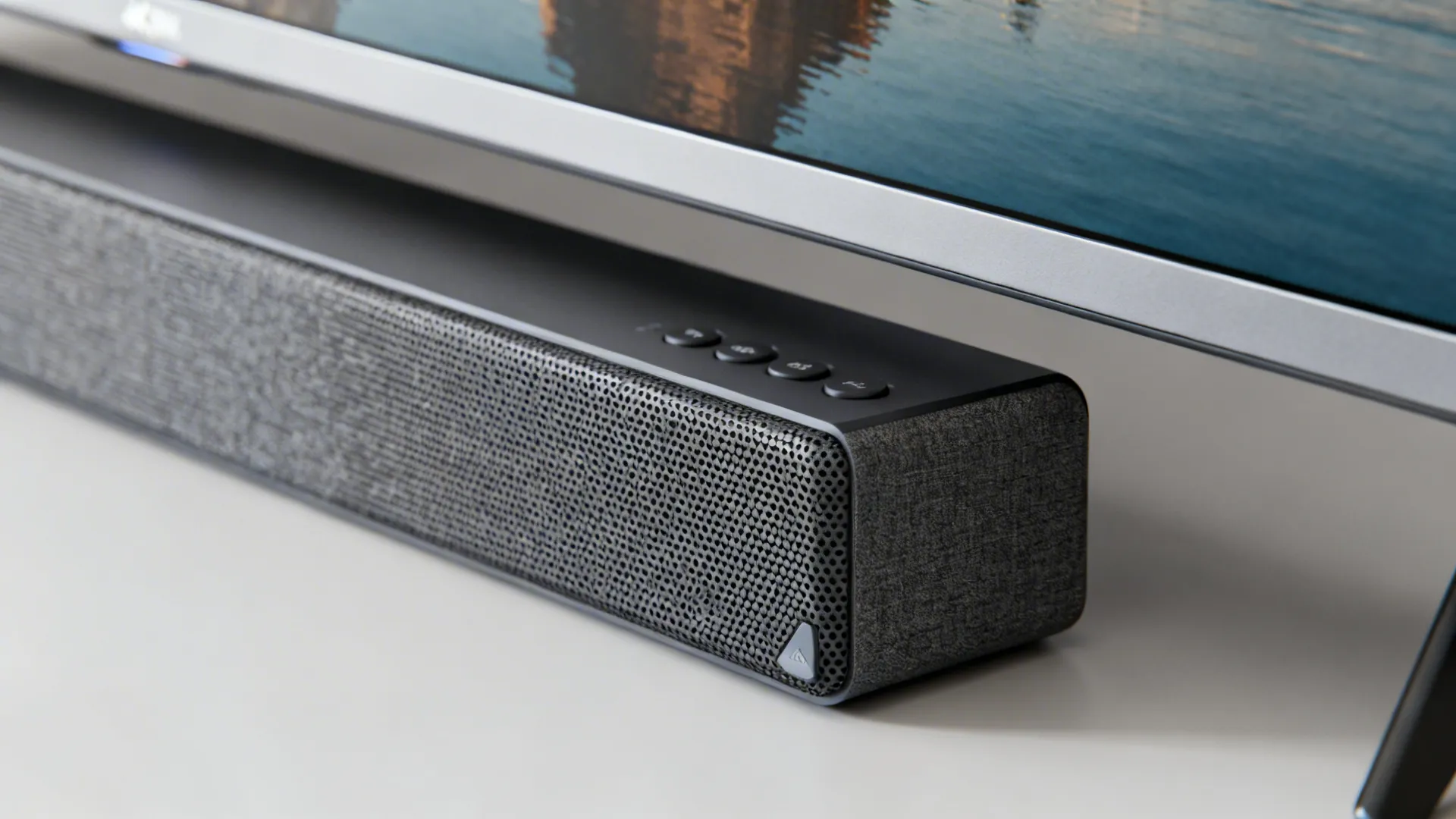 Macro view of a calibrated TV with neutral bias light and a compact 2.1 soundbar and sub.