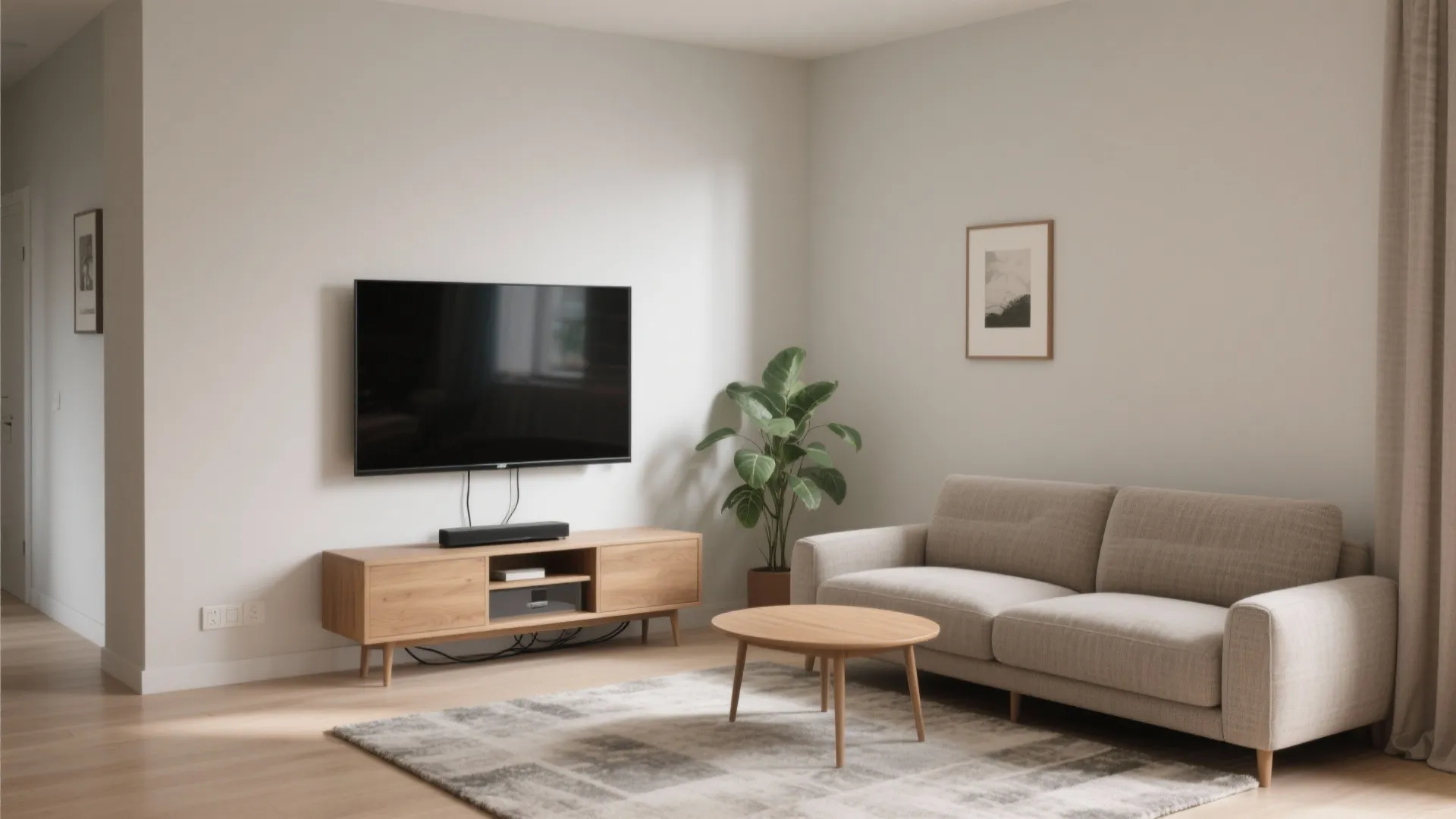 Modern living room featuring a grey sofa wooden coffee table television and a green house plant