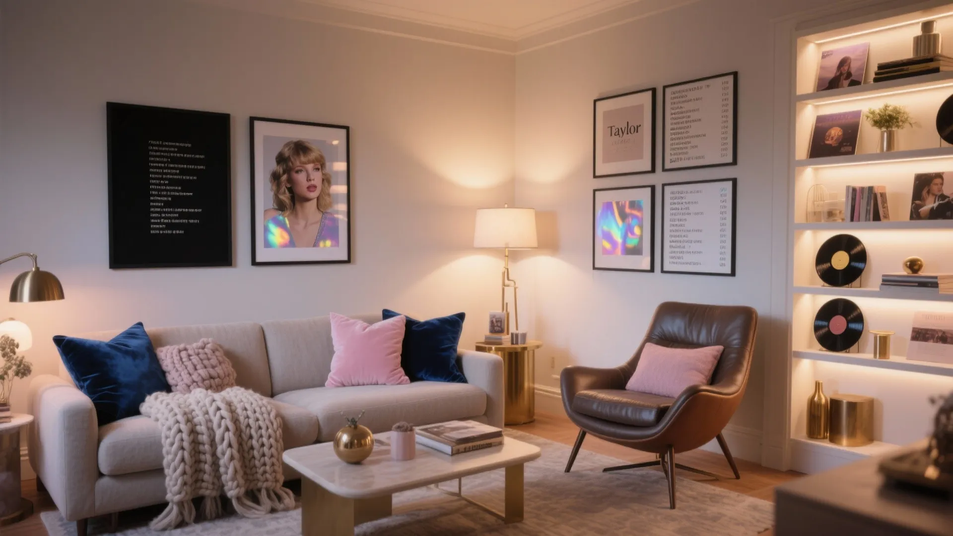 Modern cozy living room with grey sofa leather chair framed wall art and light bookshelves