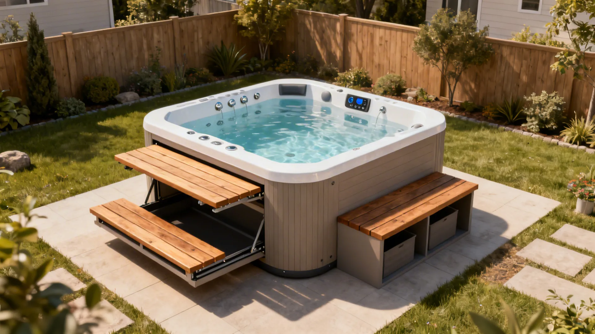 Compact swim spa with retractable benches that double as seating and storage in a small backyard.