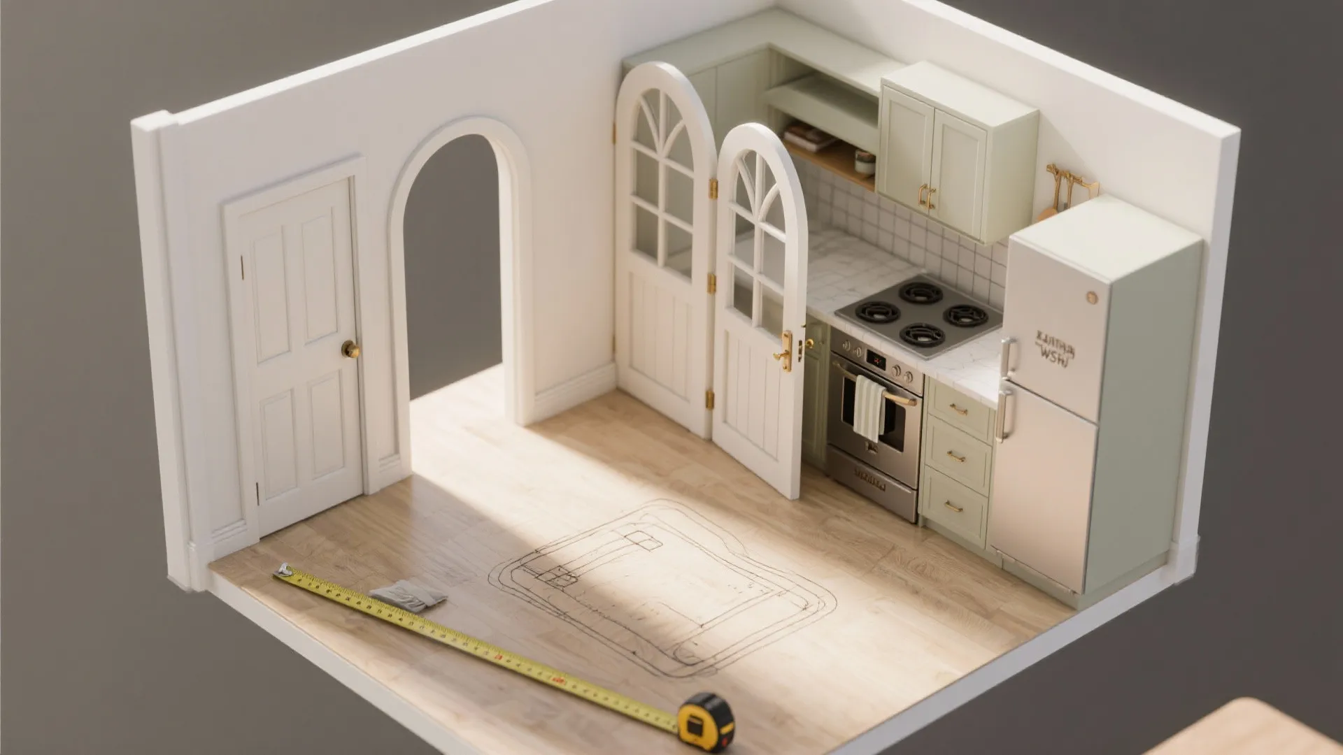 Interior design drawing showing a small kitchen model with white doors and a measuring tape