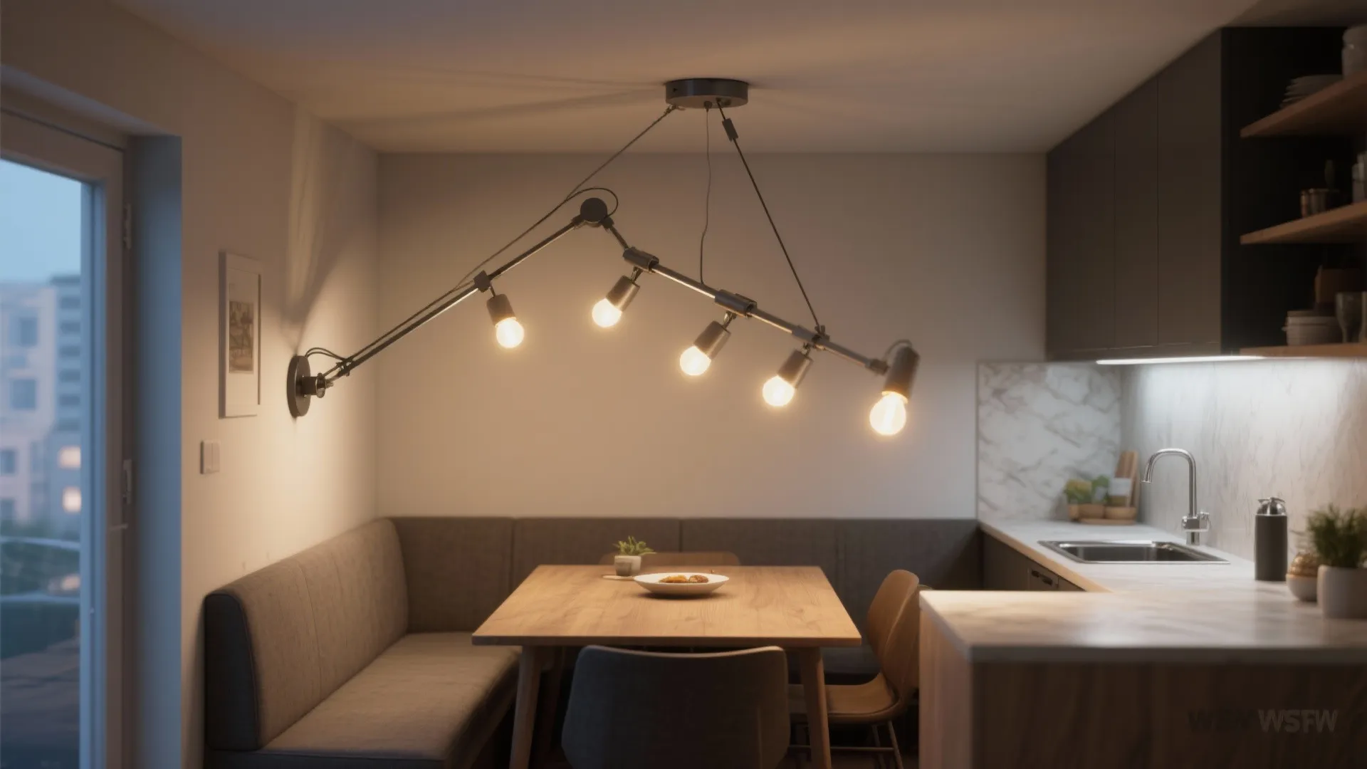 Adjustable swing-arm chandelier shown in different positions over a small dining and prep surface.