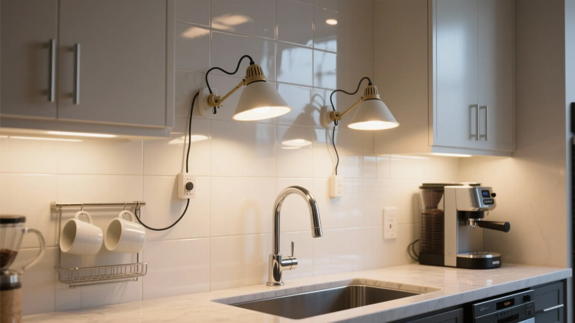 Artful Swing-Arm Lamps Over Backsplash
