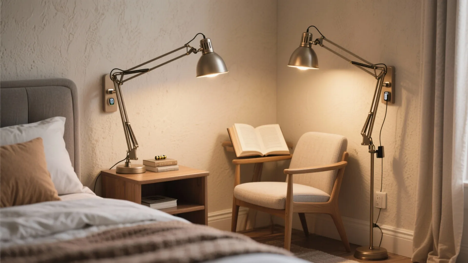 Cozy bedroom corner with two metal adjustable floor lights near wooden nightstand and fabric armchair
