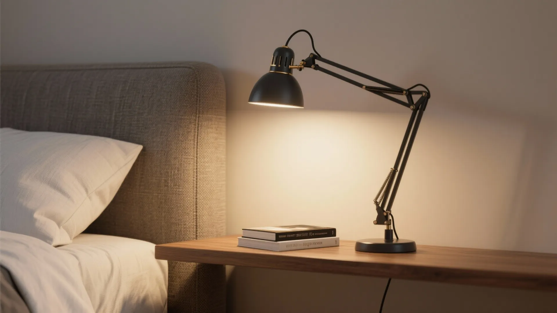 Black swing arm desk light on wooden bedside table with books next to grey bed