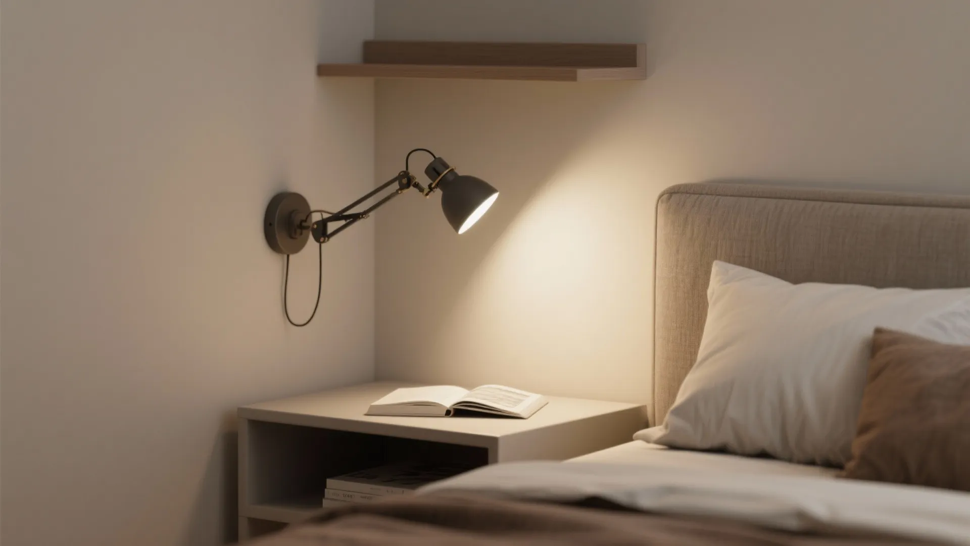 Modern bedroom with black wall light shining on open book over white nightstand and bed