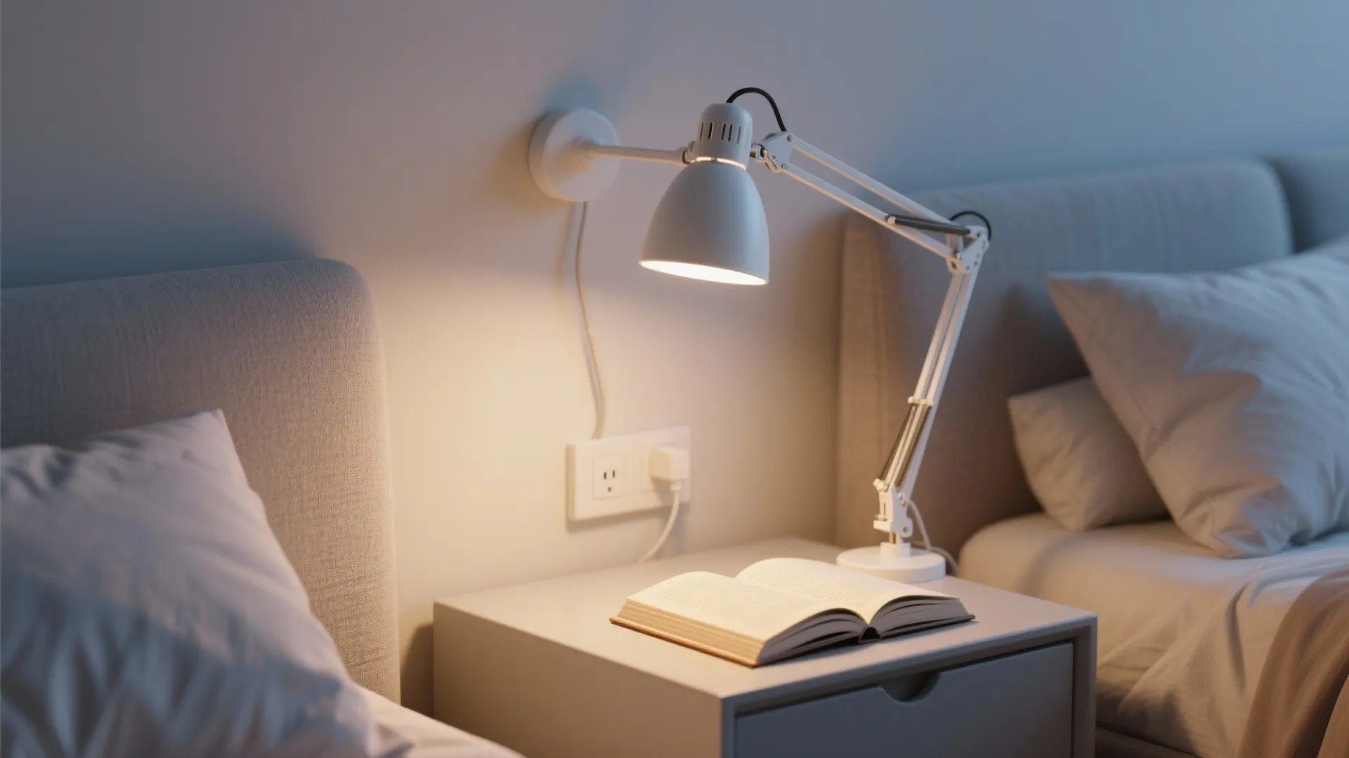 Adjustable white swing-arm lamp providing focused bedside reading light