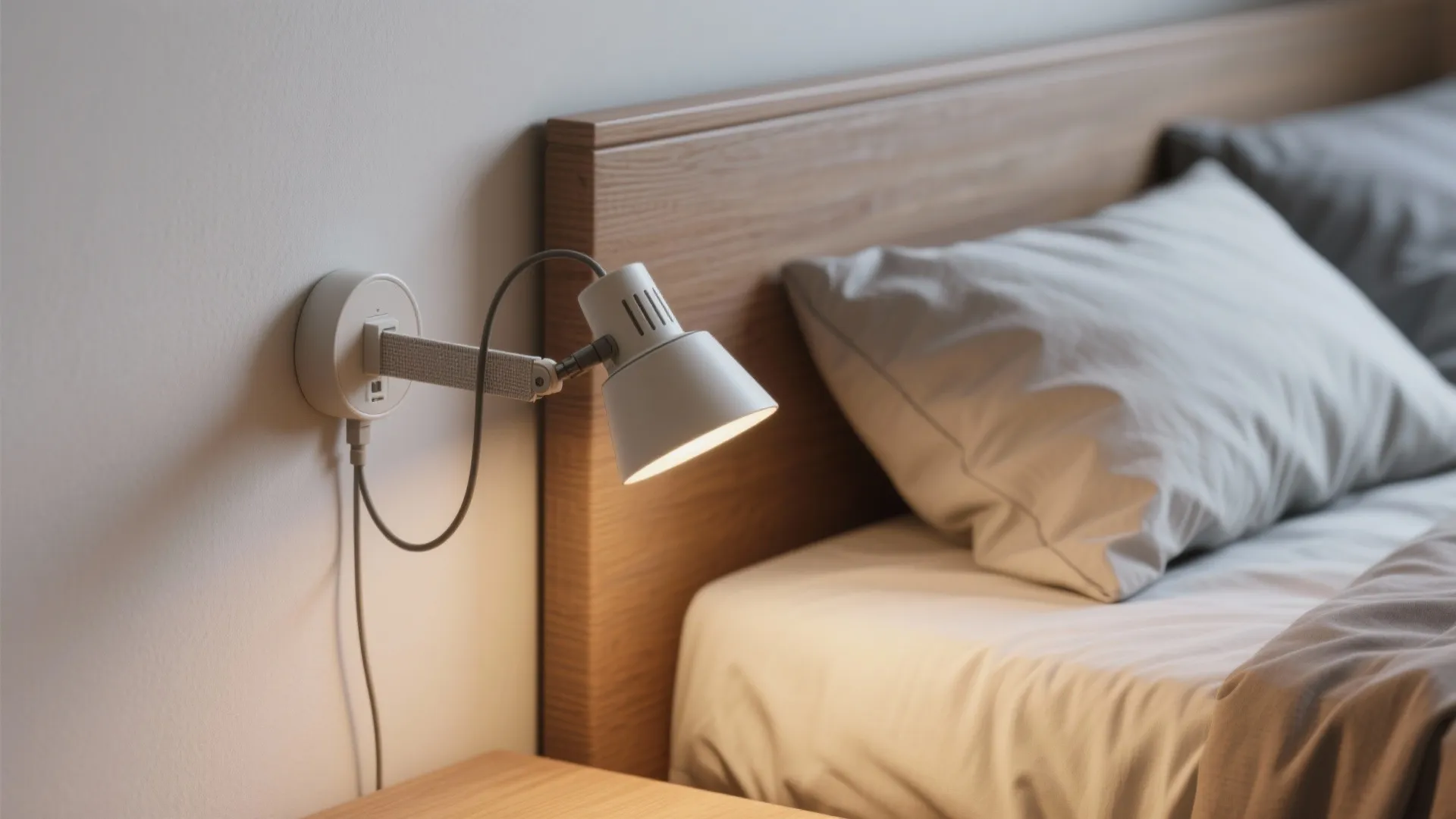 Foldable plug-in swing-arm sconce beside a narrow bed with hidden fabric-wrapped cord.