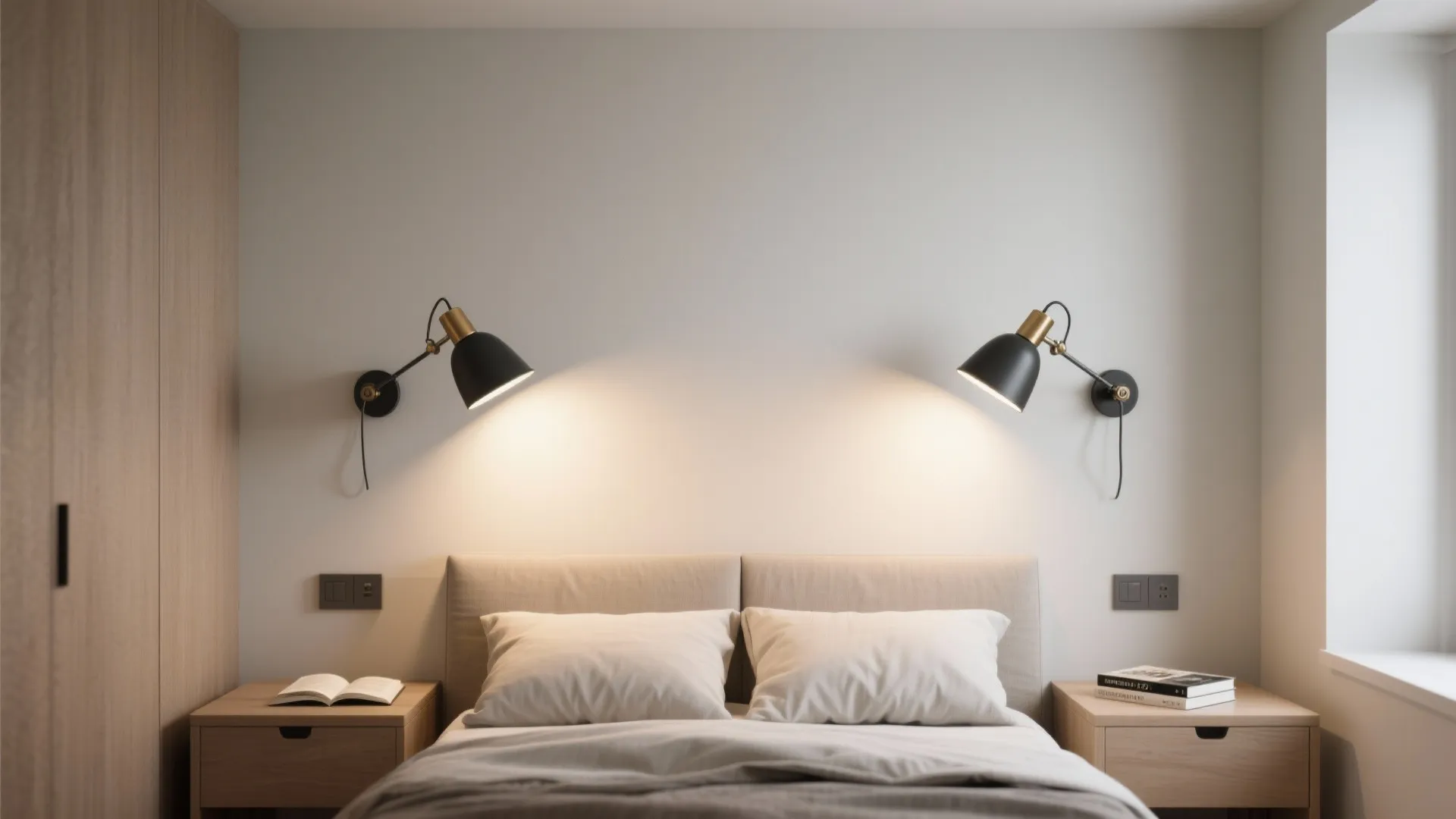 Modern bedroom with two black wall lights mounted above a beige bed with wooden nightstands