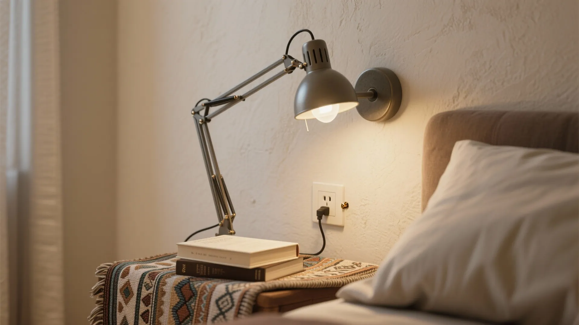 Bedside nook with adjustable swing-arm plug-in sconce and hidden cord clips