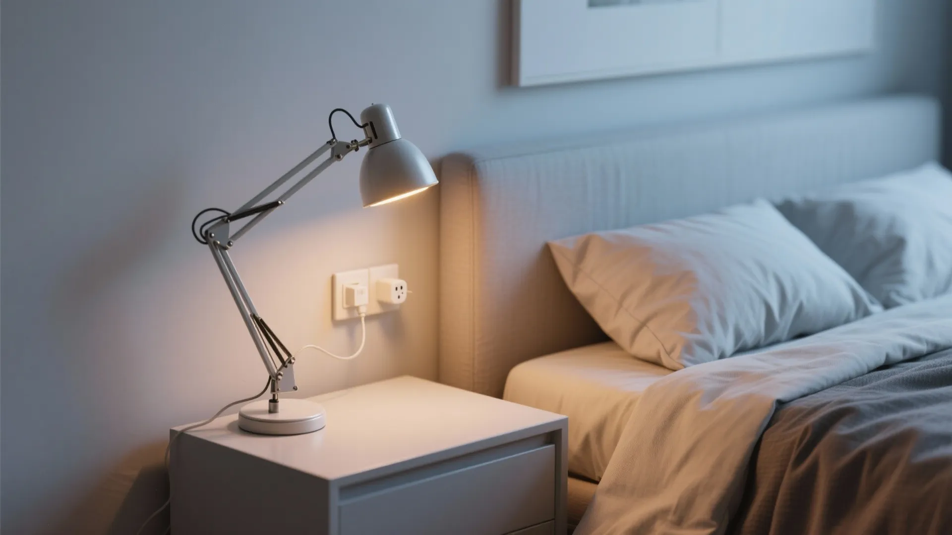 Compact bedroom with a swing-arm bedside sconce providing adjustable task lighting next to a slim bed.
