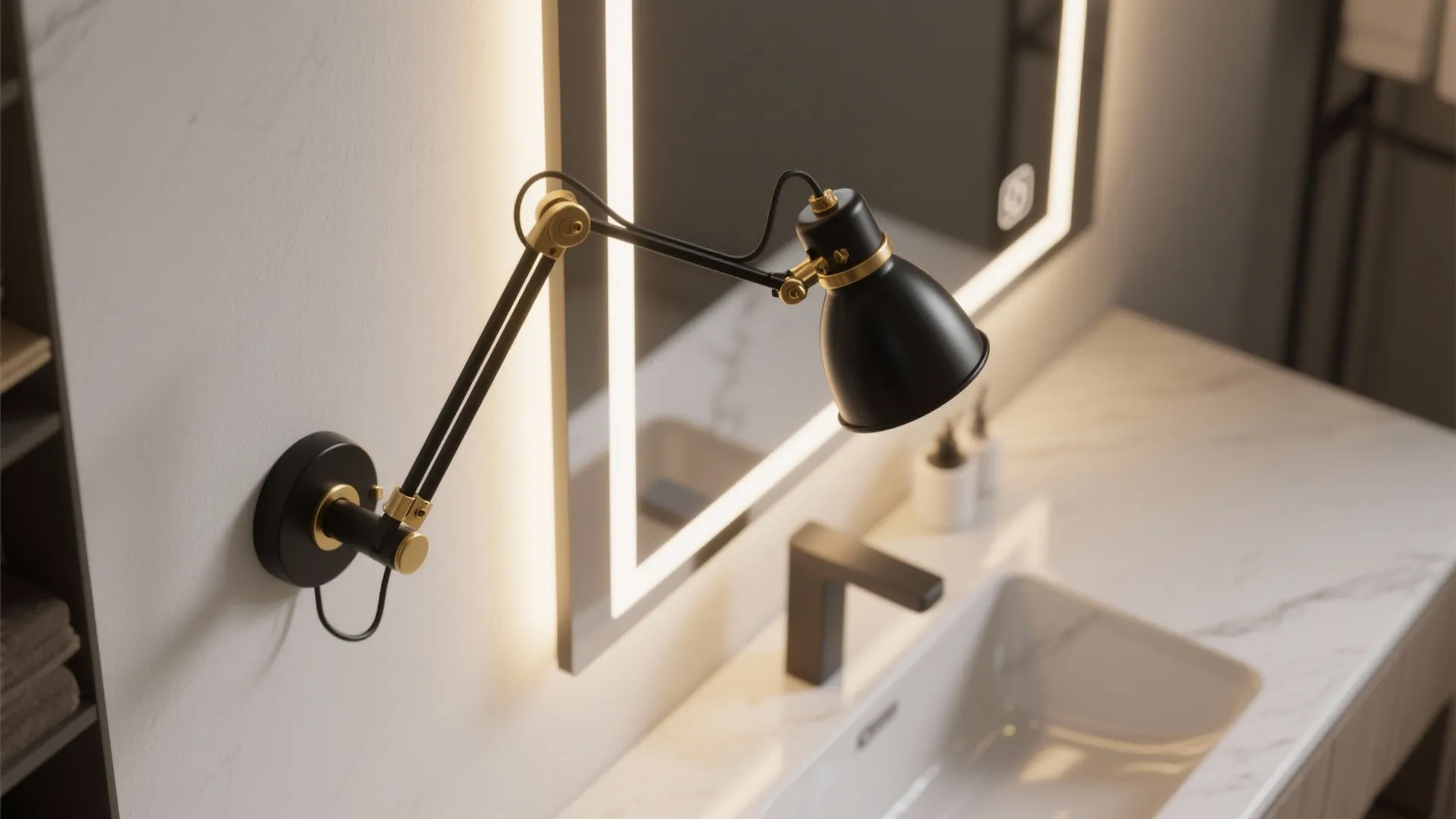 Adjustable black swing-arm sconce with gold joints positioned beside a small vanity showing adjustable task lighting.