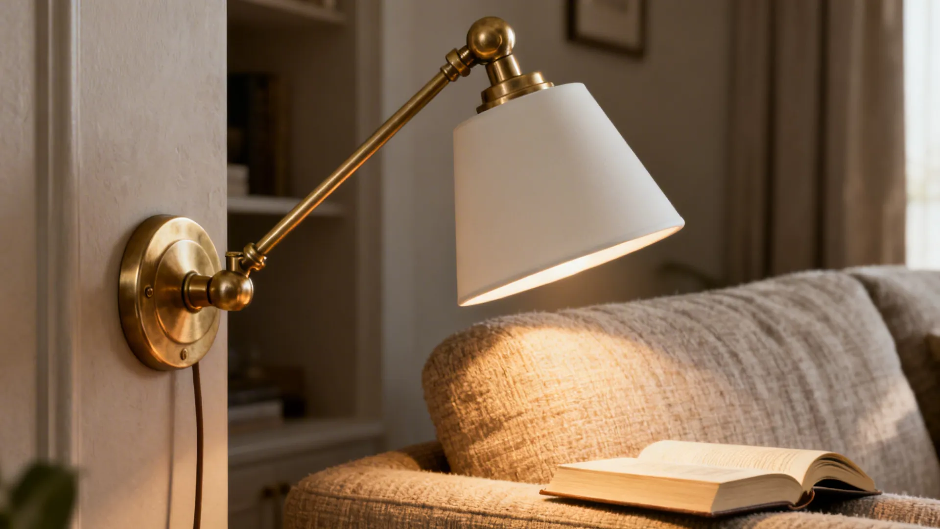 Swing-arm brass sconce with matte shade above a sofa reading nook, showing brushed metal detail.