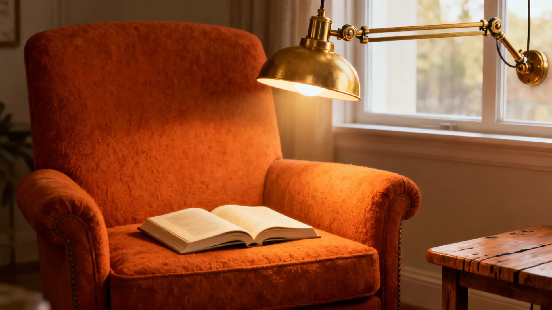 Mid-century reading nook with an adjustable swing-arm ceiling lamp directing warm light onto an armchair.