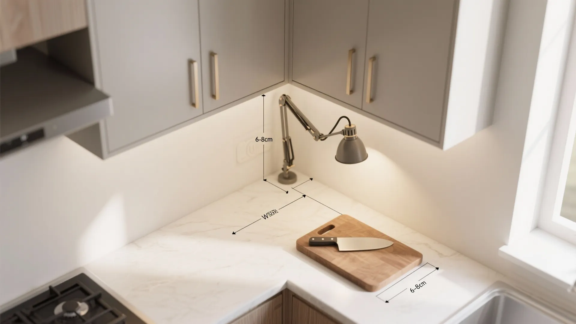 Kitchen counter with cutting board and adjustable lamp showing measurements for clearance between cabinets and wall