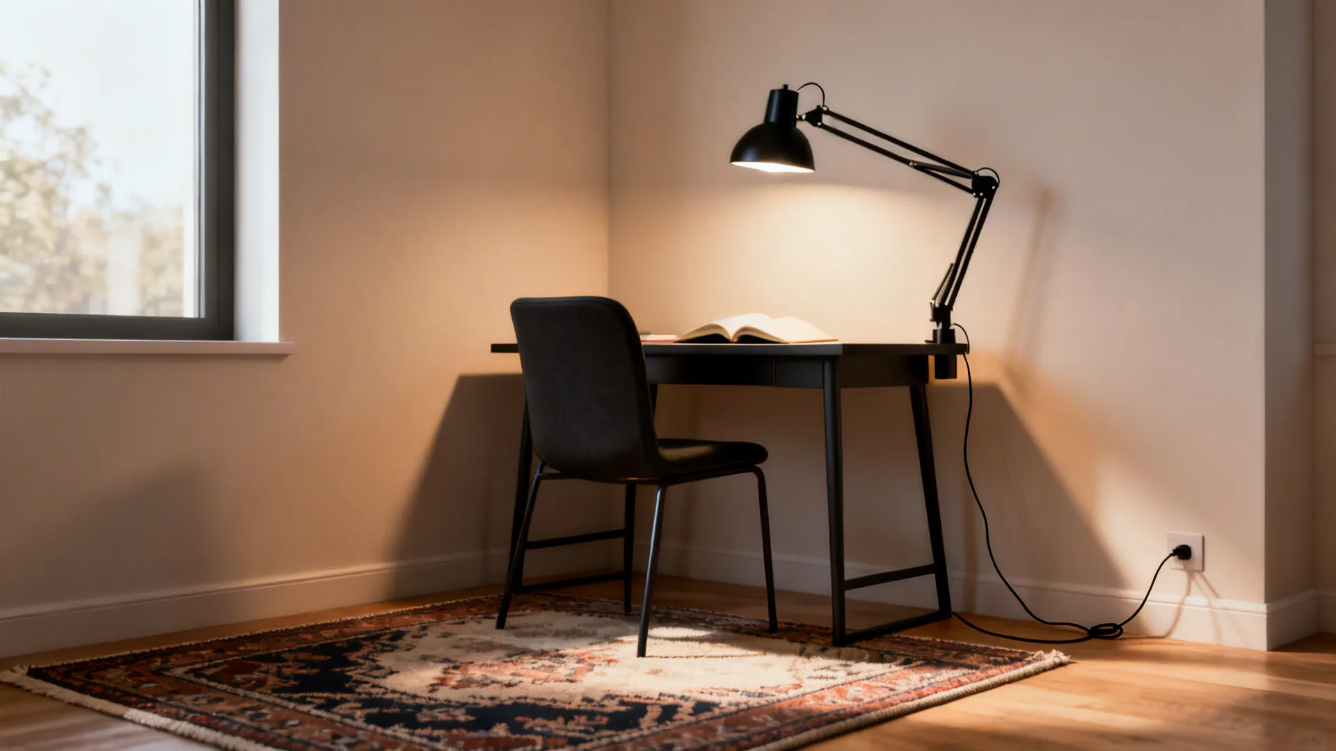 Multifunctional corner with a black swing-arm table lamp providing targeted task light over a reading chair and small desk