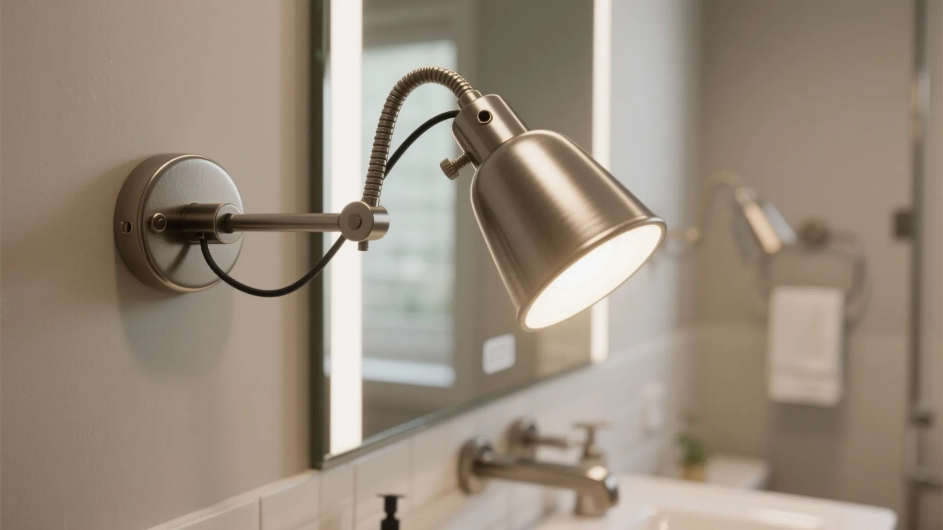 Close-up of an adjustable swing-arm vanity light with brushed metal finish directing task light