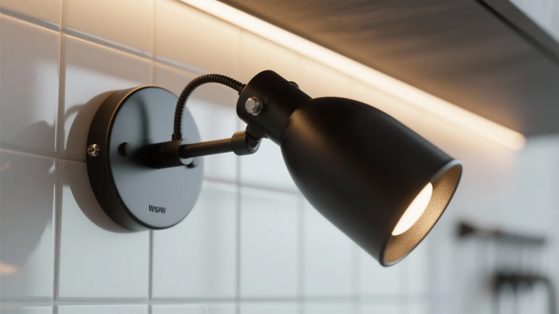 Arched or pivoting arms to stretch light across counters