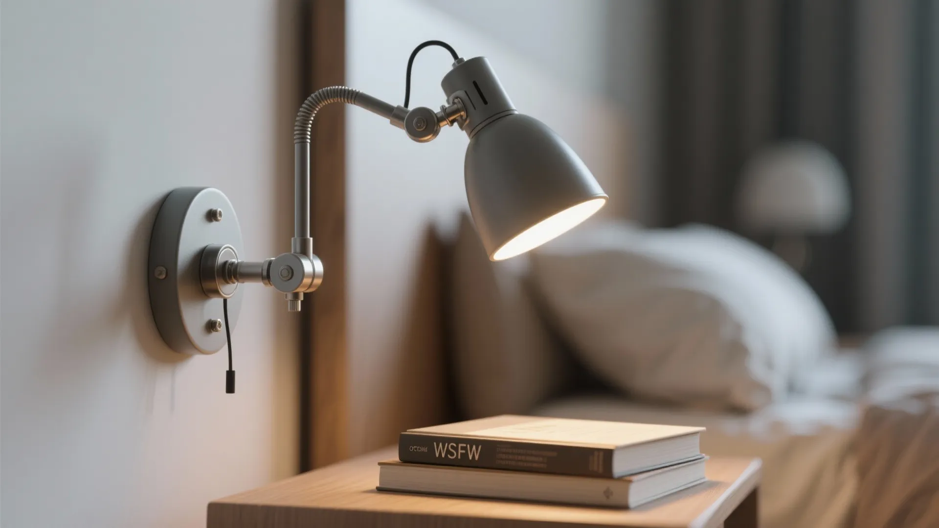 Modern grey metal wall light above wooden side table with books in a cozy bedroom