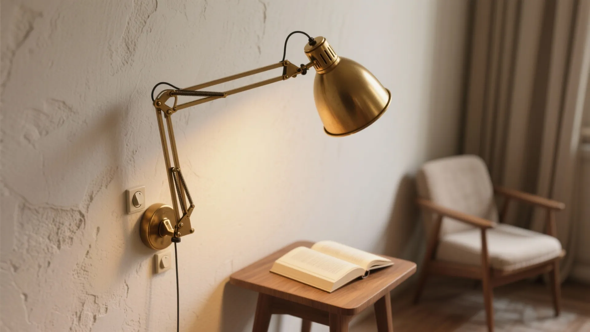 Brass wall light illuminating an open book on a wooden side table near a chair