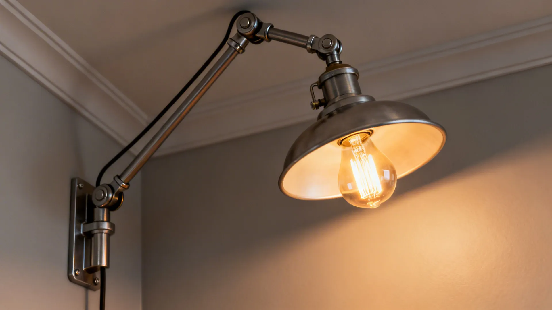 Industrial style silver metal wall light with adjustable arm and a warm glowing light bulb