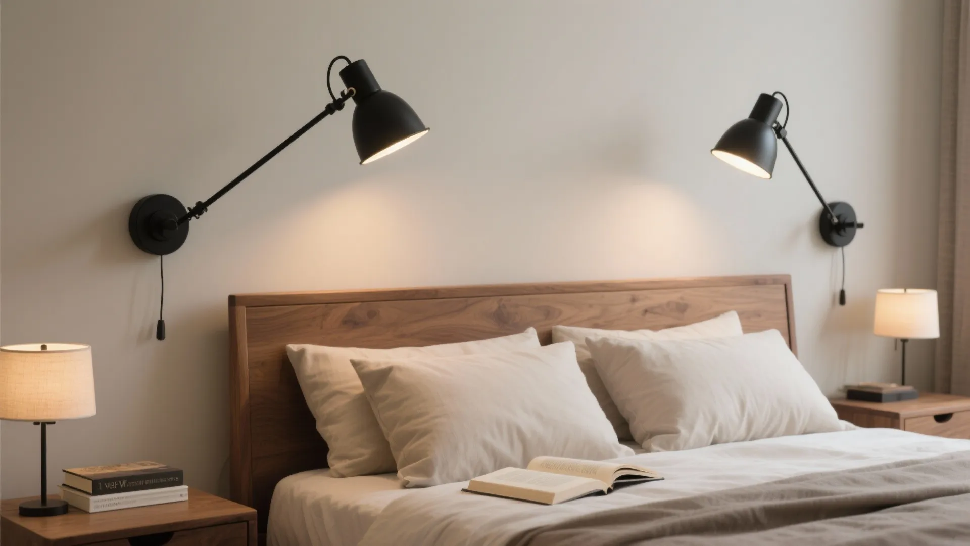 Articulated Swing-Arm Sconces Above the Headboard