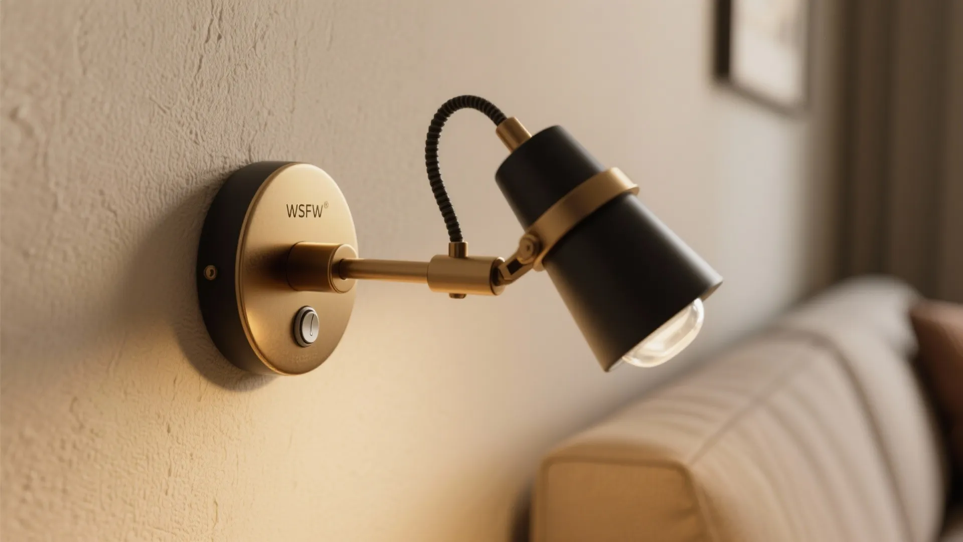 Modern black and gold adjustable wall light with integrated power switch mounted on a textured wall