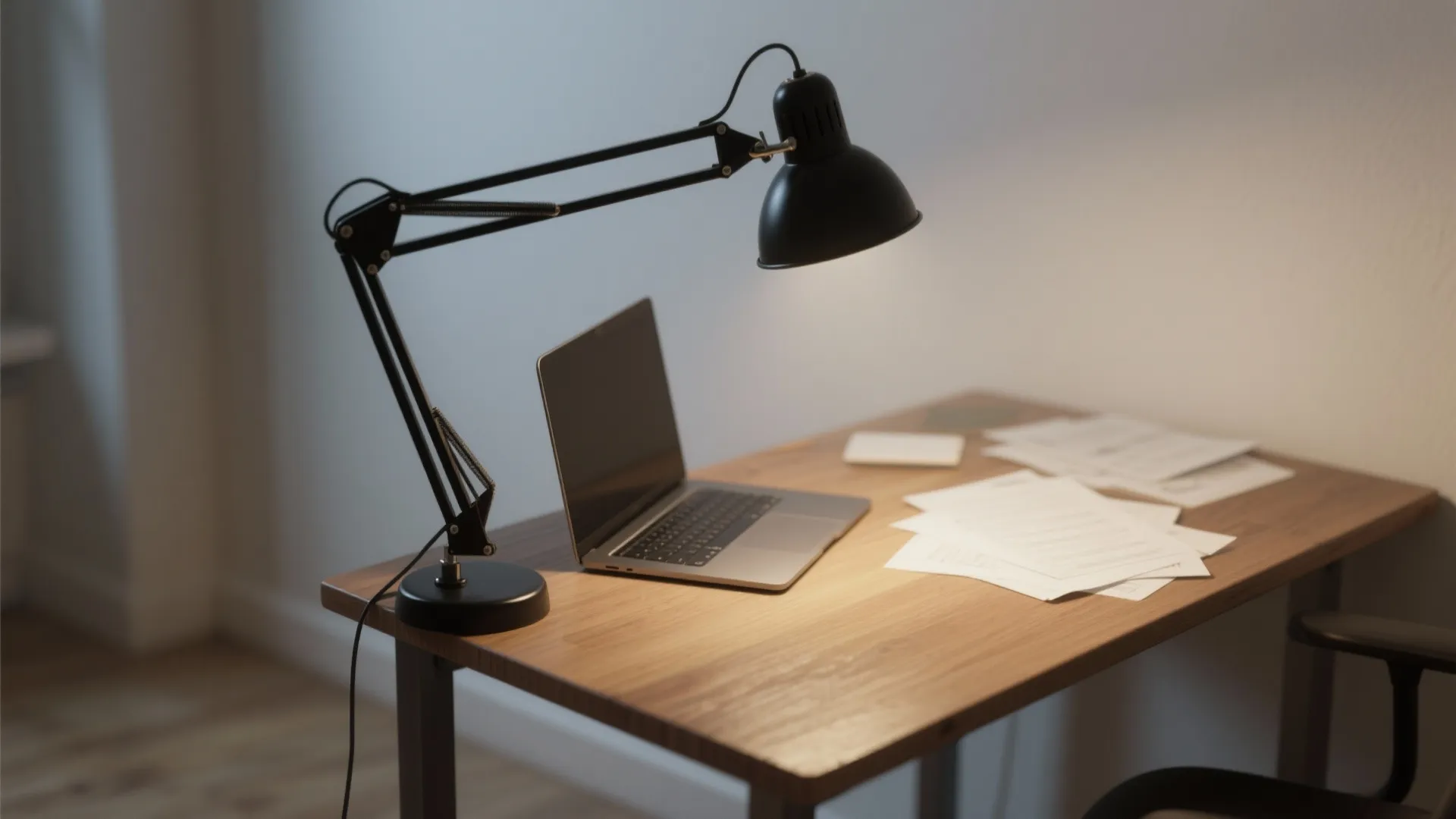 Black adjustable desk lamp lighting a laptop and papers on a wooden home office desk