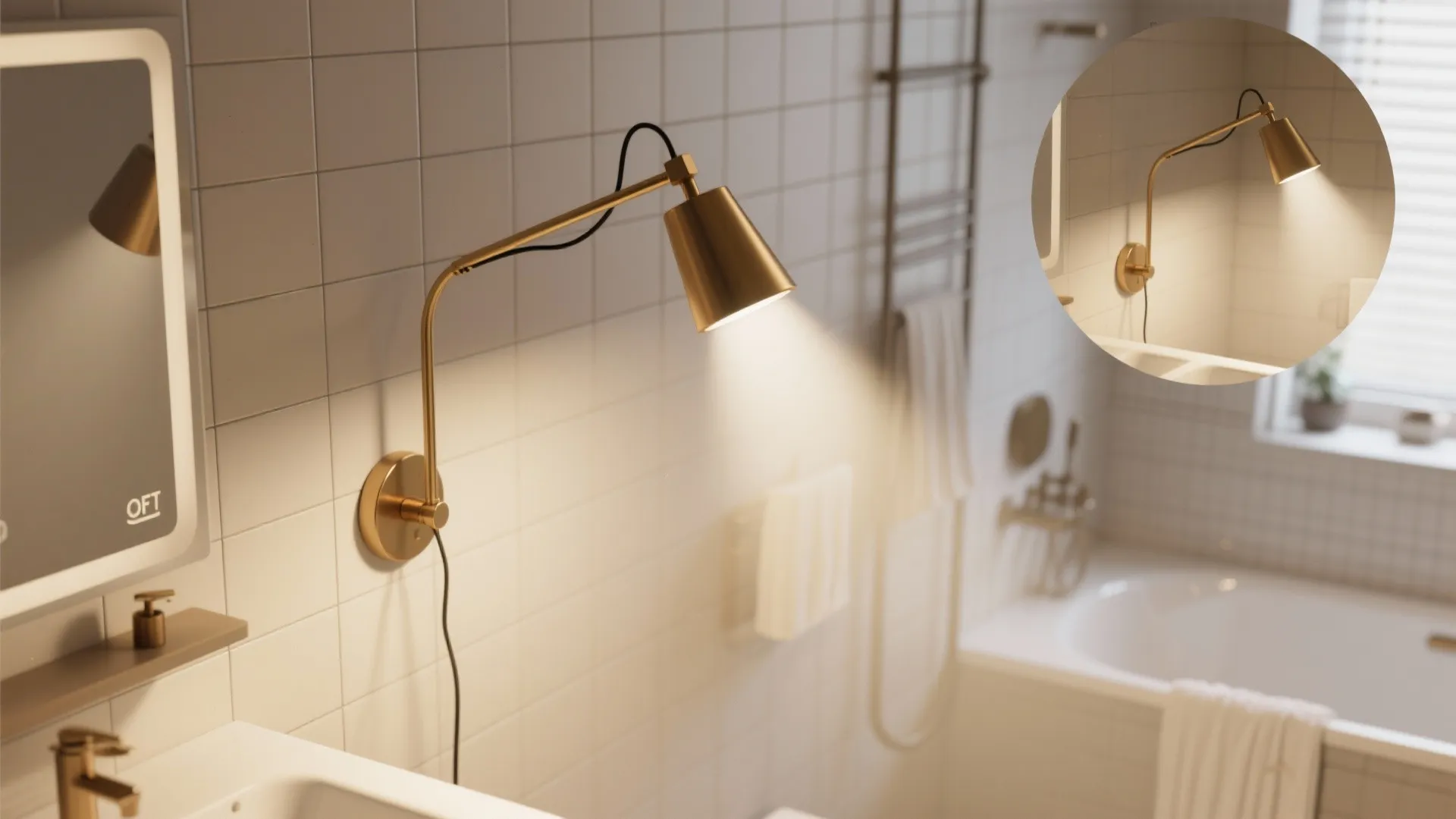 Adjustable swing-arm wall lamp extended for task lighting and folded back in a small bathroom