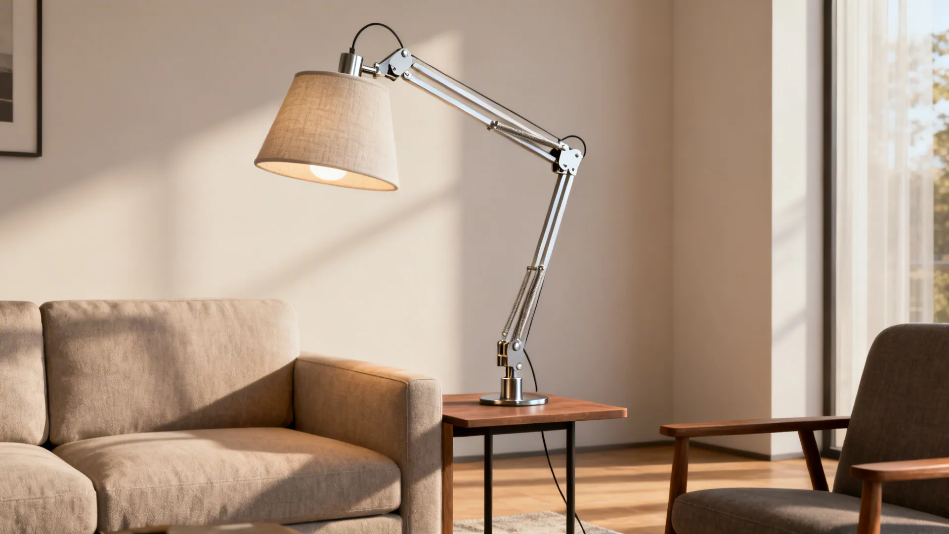Adjustable metal floor lamp with fabric shade standing next to beige sofa in bright room