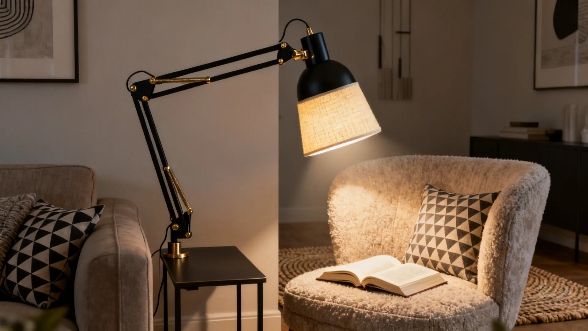 Adjustable swing-arm lamp over a sofa providing directional reading light in a small living room corner.