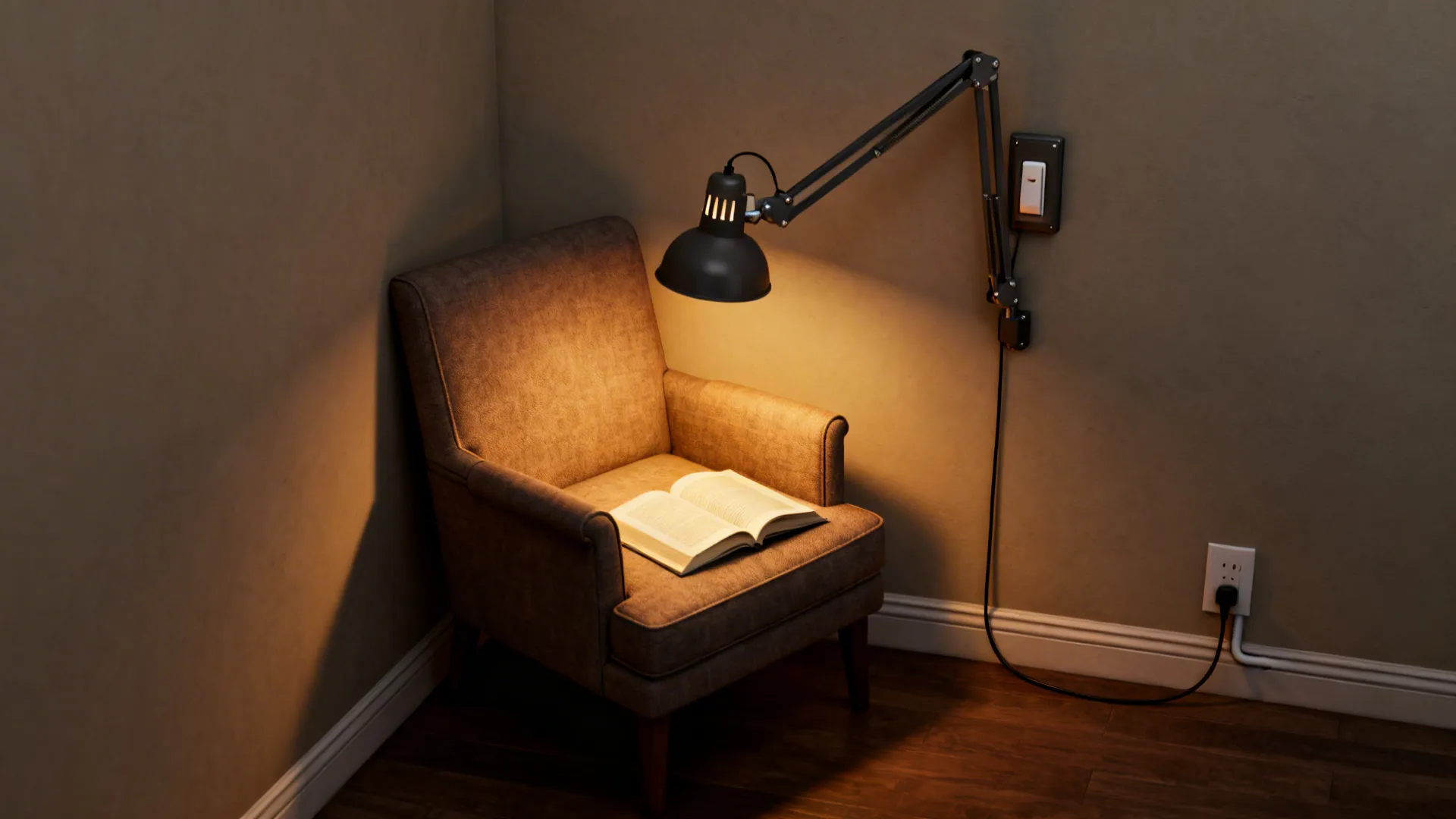 Wall-mounted swing-arm lamp over a reading chair demonstrating folded and extended positions.