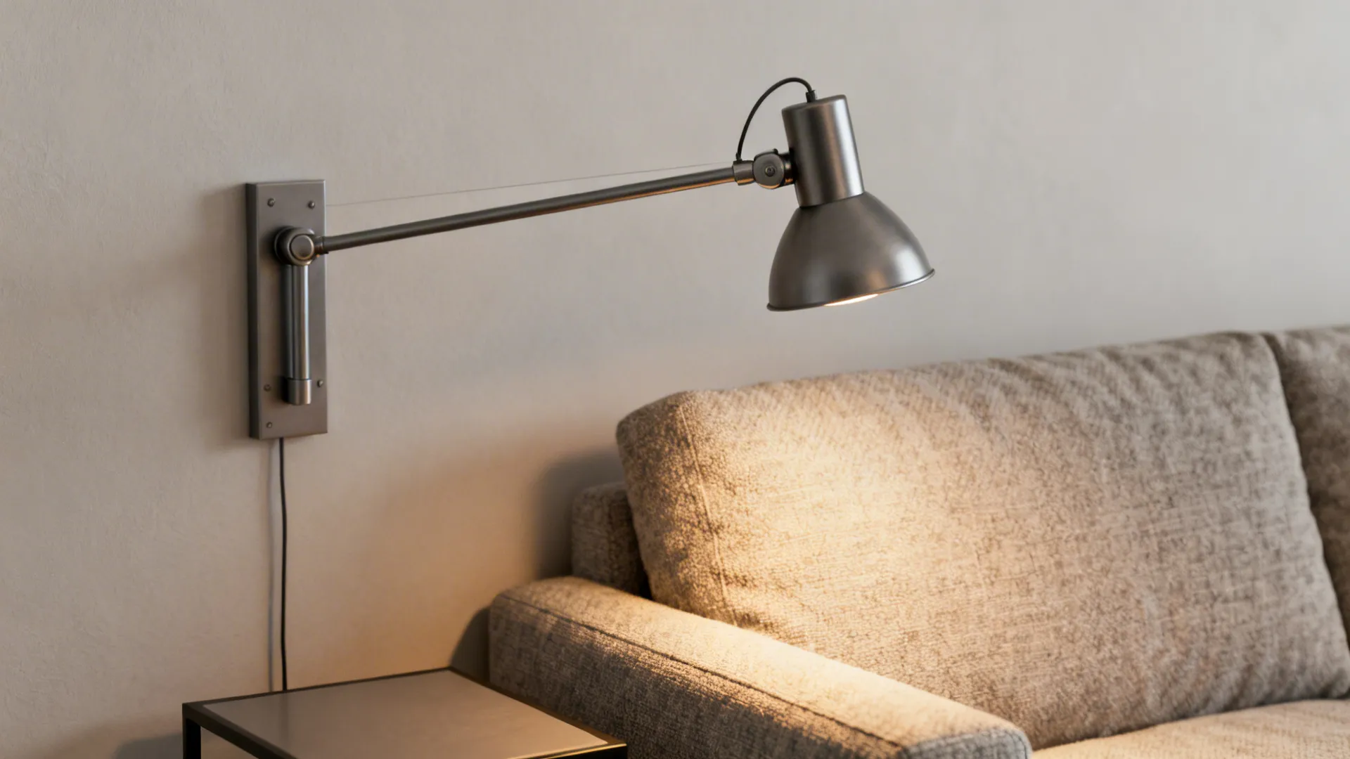 Close-up of a wall-mounted swing arm lamp over a sofa corner showing adjustable joint and warm light