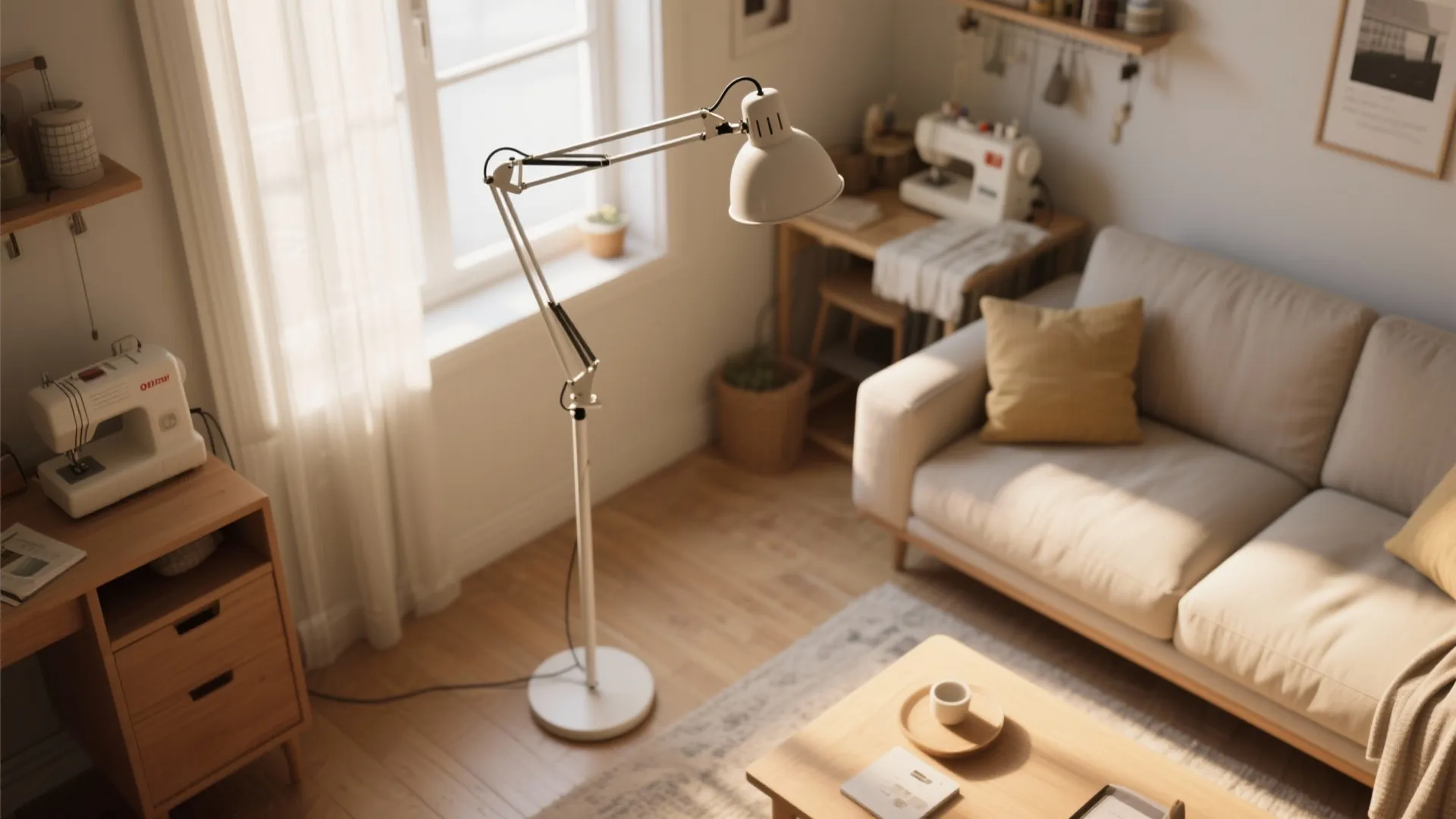 Adjustable swing-arm floor lamp shown in multiple positions over a sofa and sewing area to illustrate flexibility.