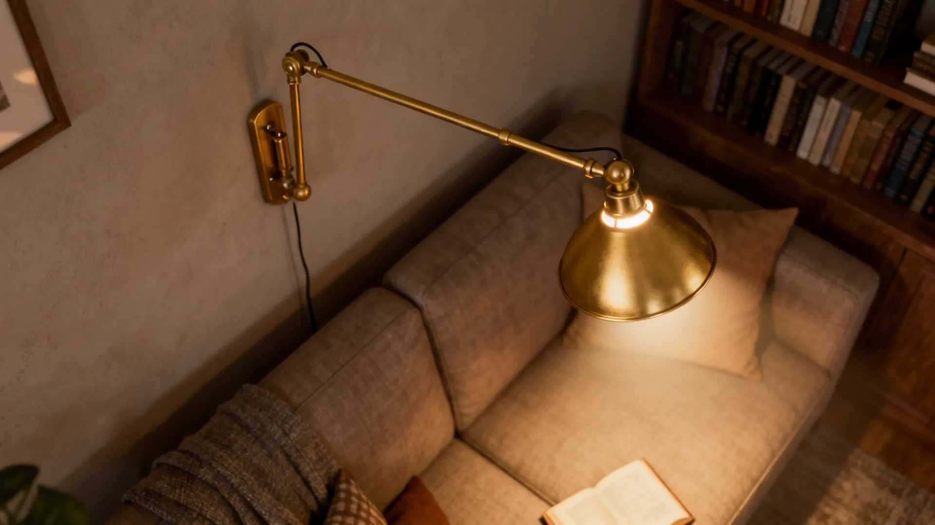 Top-down view of an adjustable gold swing-arm lamp positioned over a sofa reading nook.